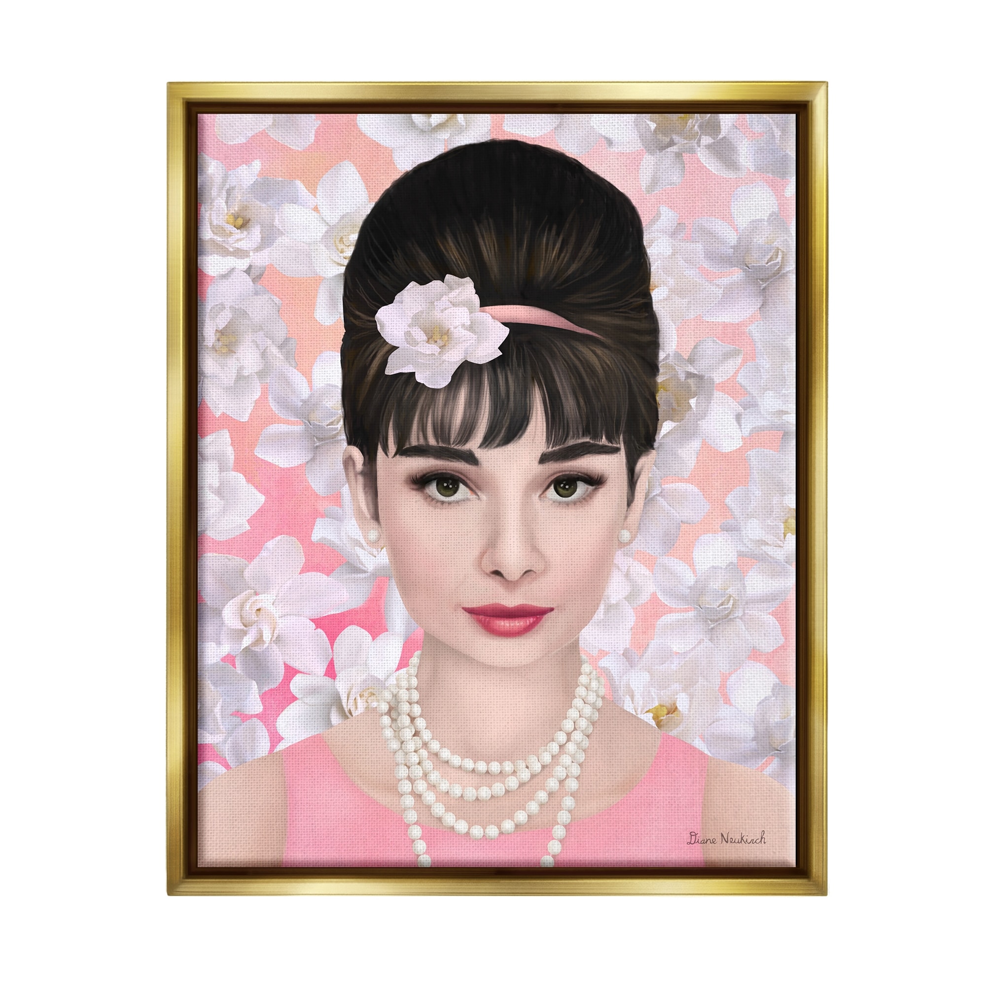 Stupell Industries Audrey Hepburn Polished Fashion Accessories Floral Pattern Graphic Art Metallic Gold Floating Framed Canvas Print Wall Art, Design by Diane Neukirch