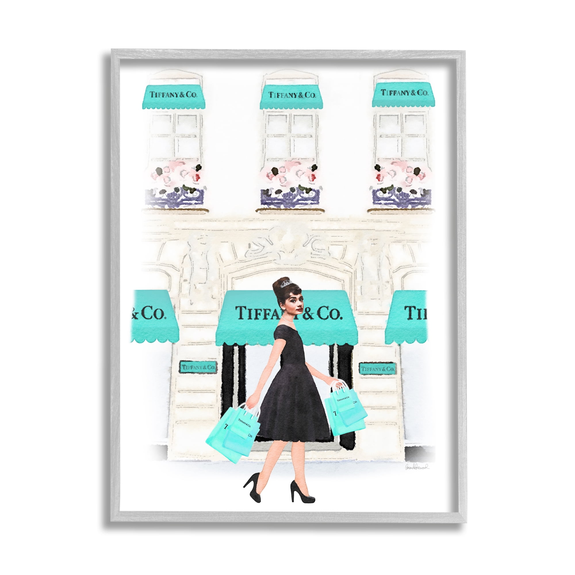 Stupell Industries Audrey with Blue Shopping Bags Urban City Architecture Beauty & Fashion Painting Gray Framed Art Print Wall Art, 16 x 20