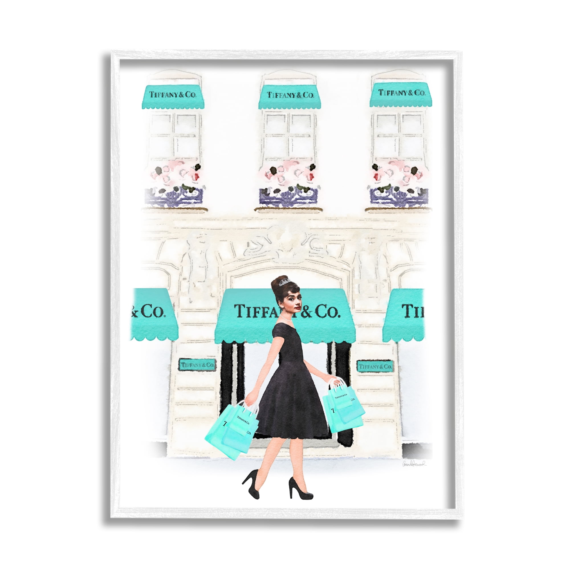 Stupell Industries Audrey with Blue Shopping Bags Urban City Architecture Beauty & Fashion Painting White Framed Art Print Wall Art, 24 x 30