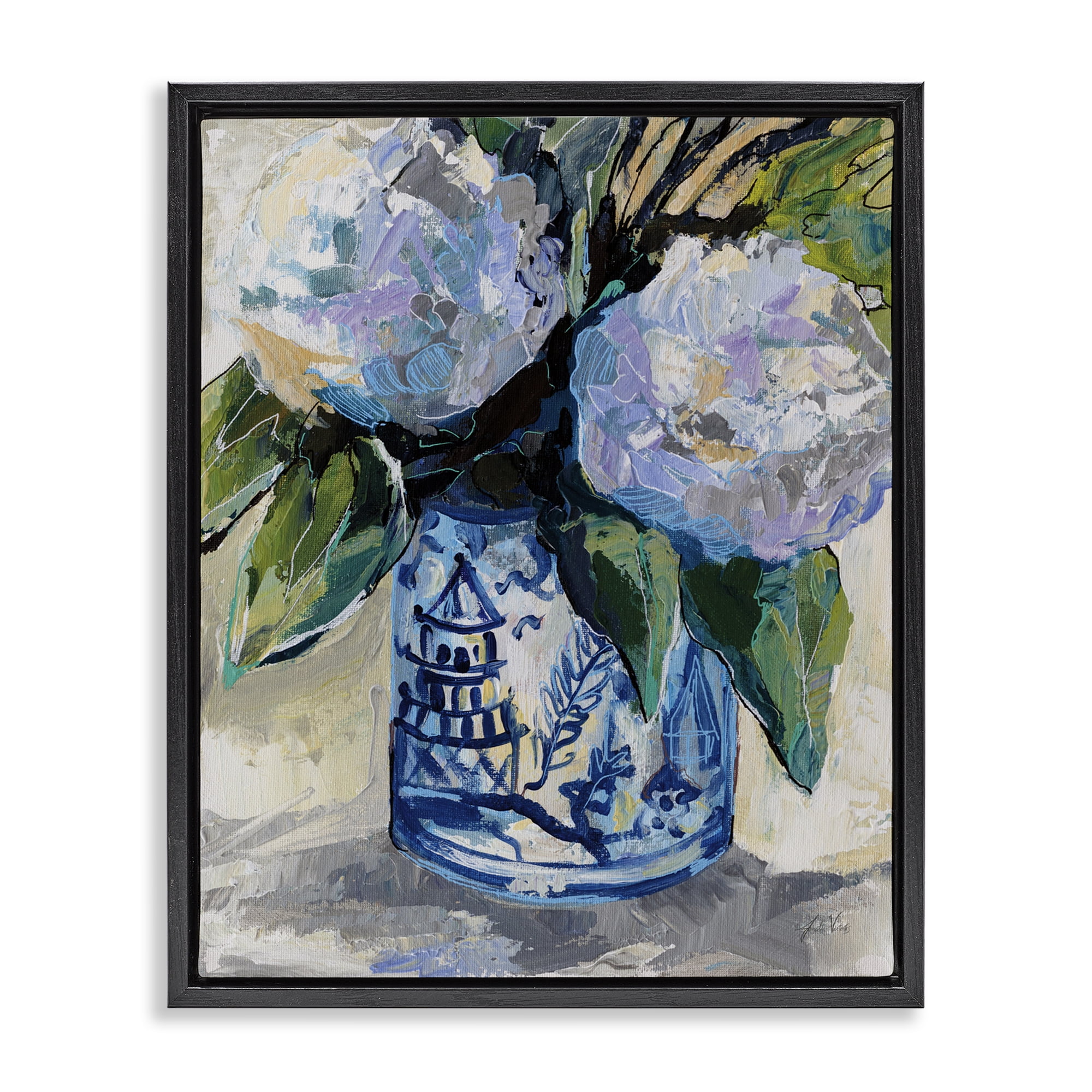 Stupell Industries August Blooming Bouquet Plants & Flowers Painting Black Floater Framed Canvas Art Print Wall Art, 25 x 31