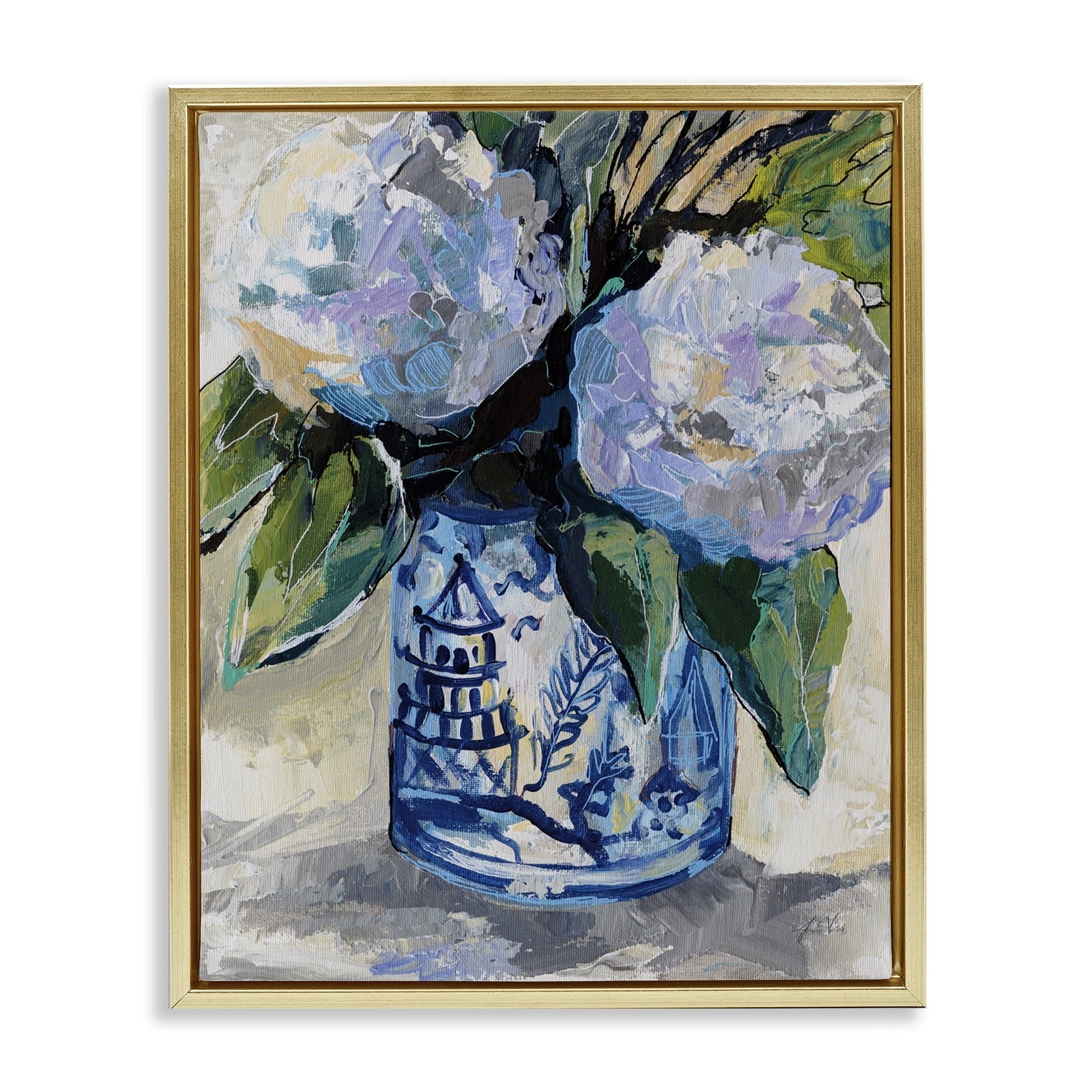 Stupell Industries August Blooming Bouquet Plants & Flowers Painting Gold Floater Framed Canvas Art Print Wall Art, 25 x 31