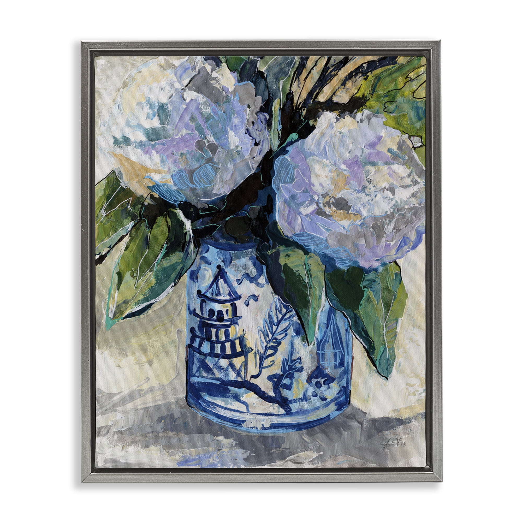 Stupell Industries August Blooming Bouquet Plants & Flowers Painting Gray Floater Framed Canvas Art Print Wall Art, 25 x 31