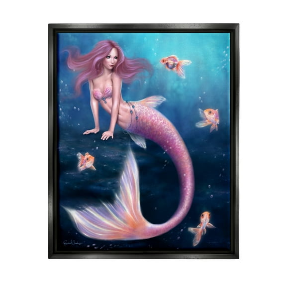 Stupell Industries Aurelia Mermaid in Sea Fairy Tales & Fantasy Painting Black Floater Framed Canvas Art Print Wall Art, 17 x 21