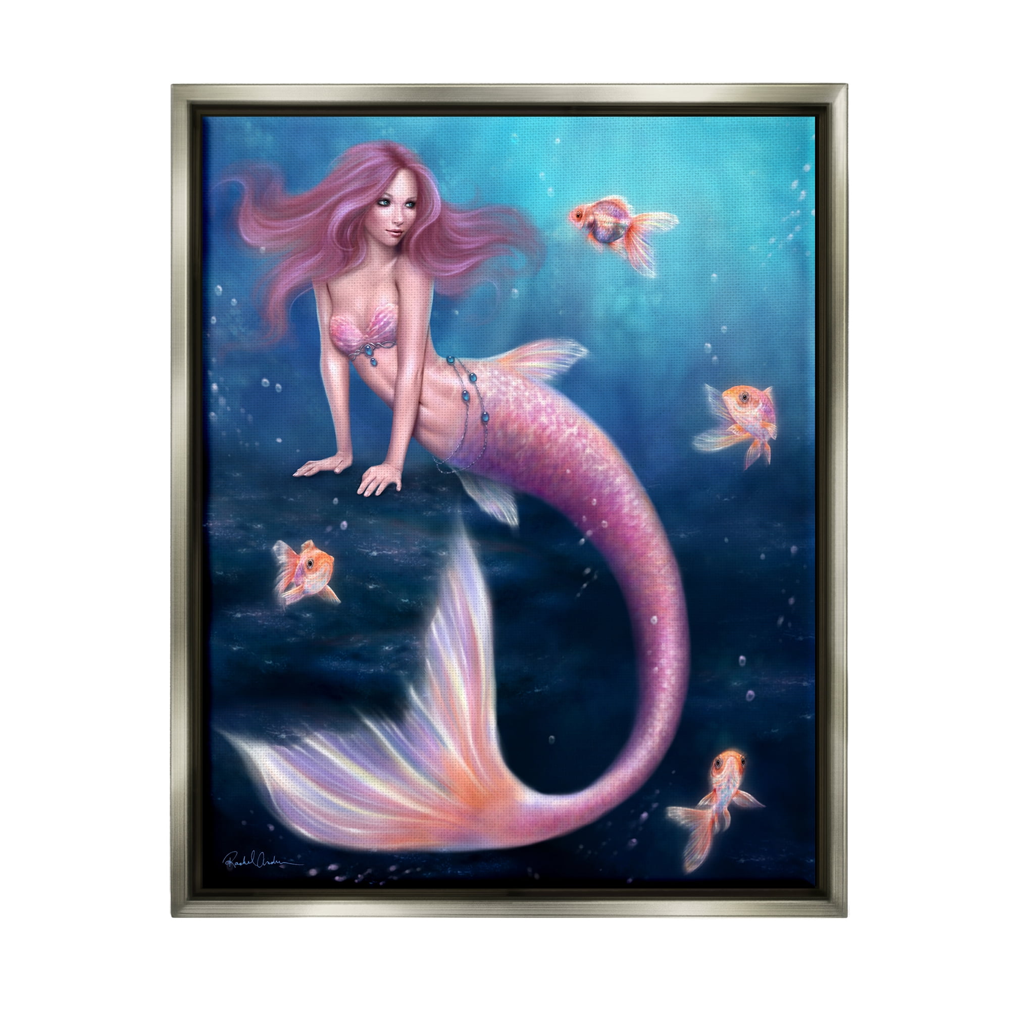 Stupell Industries Aurelia Mermaid in Sea Fairy Tales & Fantasy Painting Gray Floater Framed Canvas Art Print Wall Art, 17 x 21