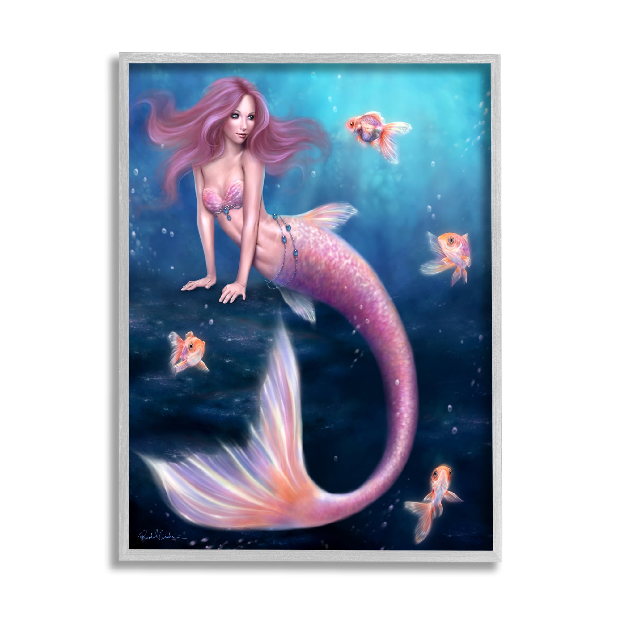 Stupell Industries Aurelia Mermaid in Sea Fairy Tales & Fantasy Painting Gray Framed Art Print Wall Art, 16 x 20