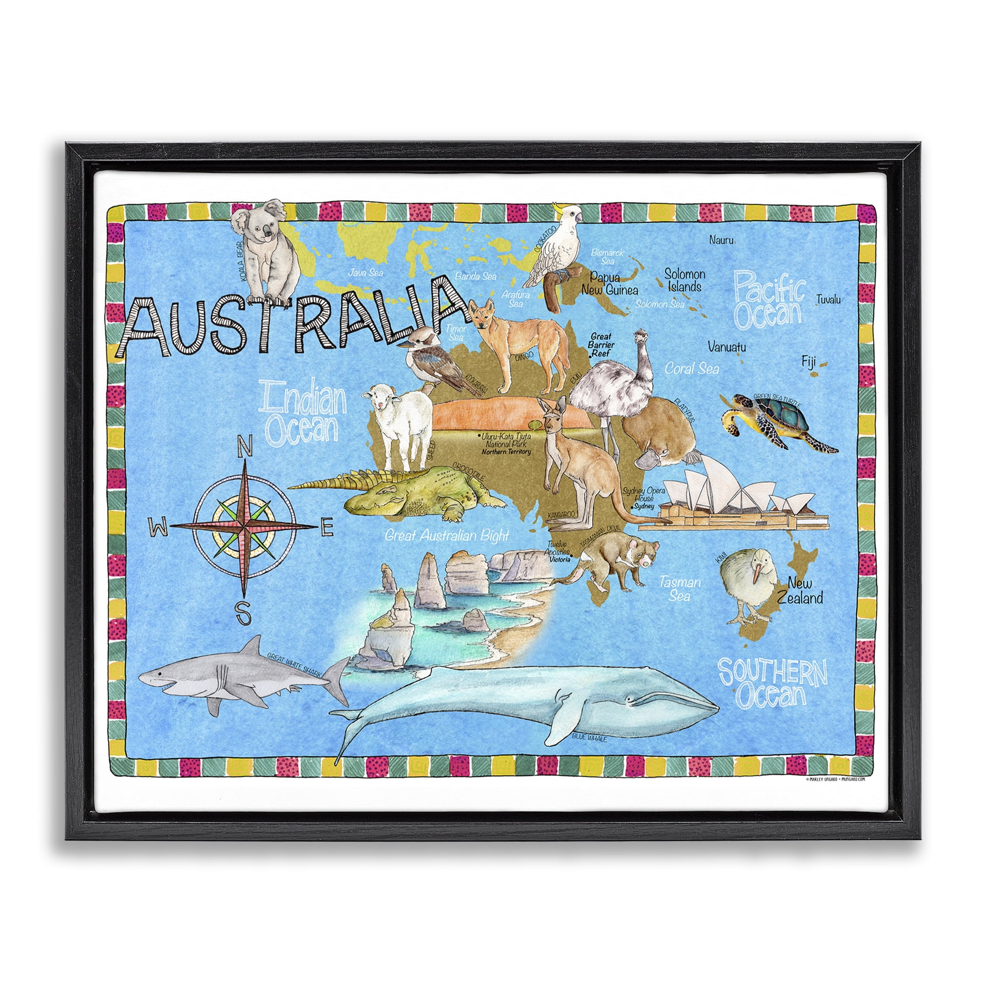 Stupell Industries Australia Animal Map Town & City Painting Black Floater Framed Art Print Wall Art, 31 x 25