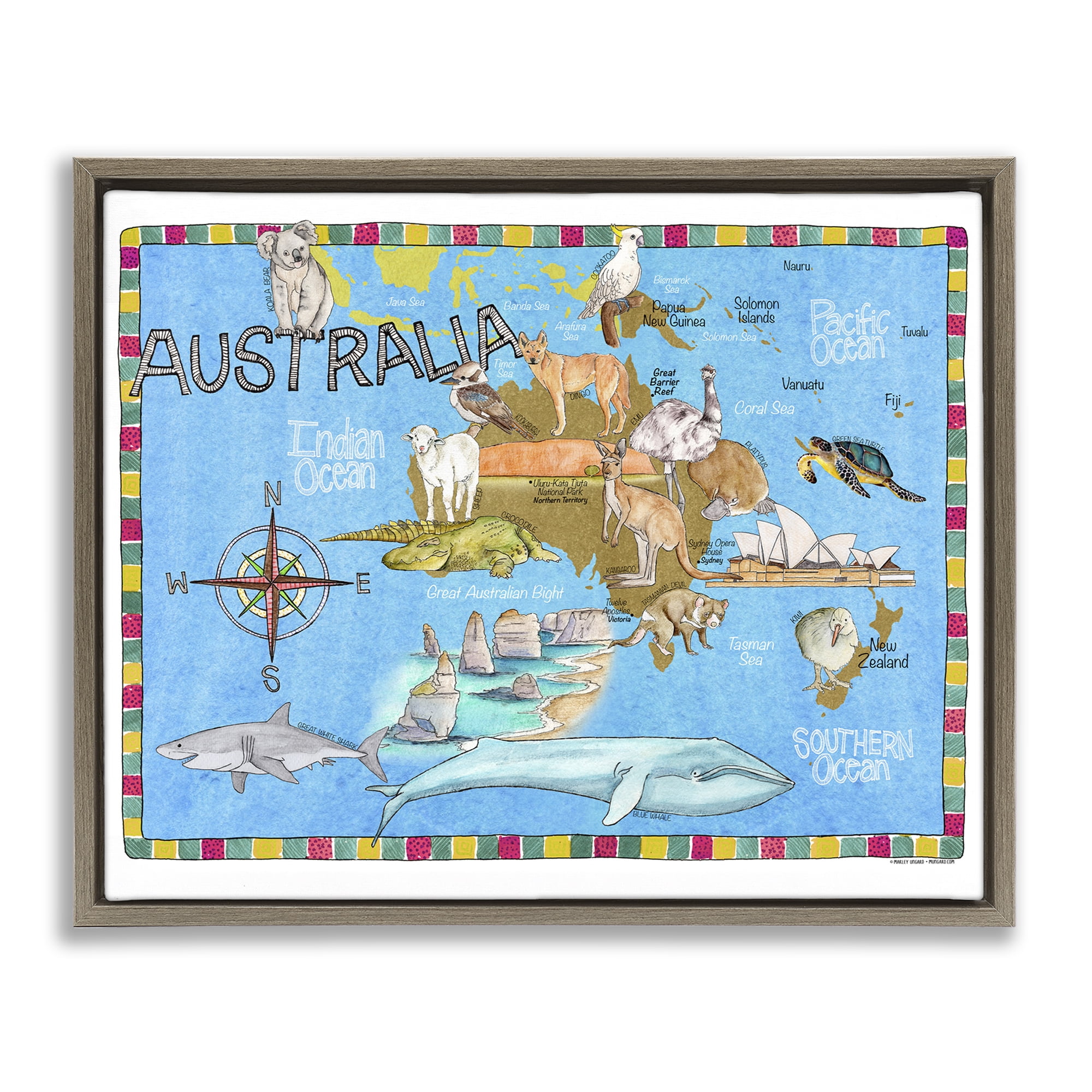 Stupell Industries Australia Animal Map Town & City Painting Brown Floater Framed Art Print Wall Art, 31 x 25