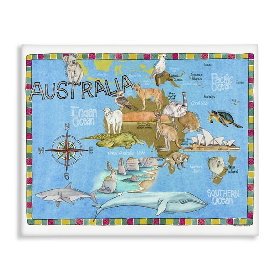 Stupell Industries Australia Animal Map Town & City Painting Gallery Wrapped Canvas Art Print Wall Art, 20 x 16