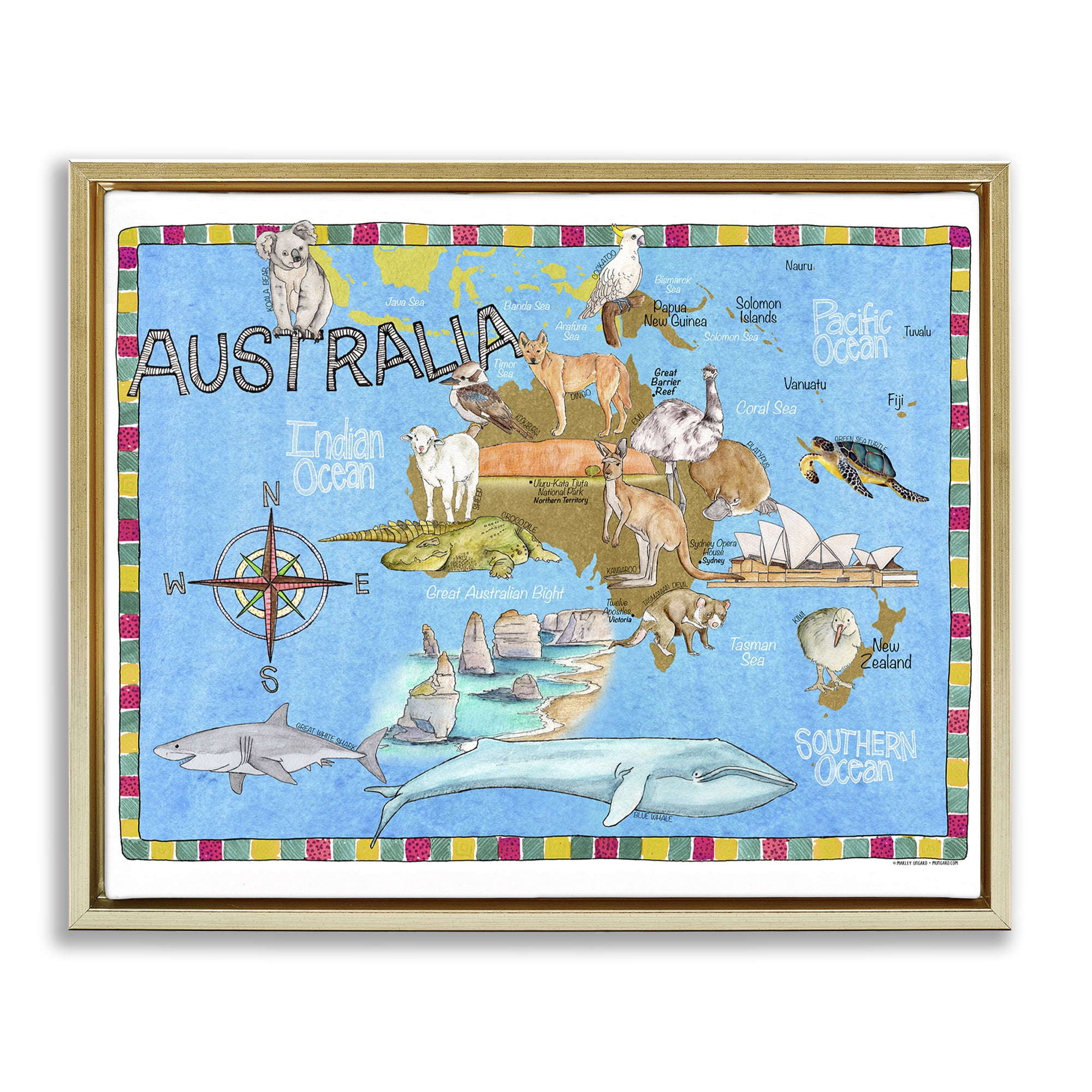 Stupell Industries Australia Animal Map Town & City Painting Gold Floater Framed Art Print Wall Art, 21 x 17