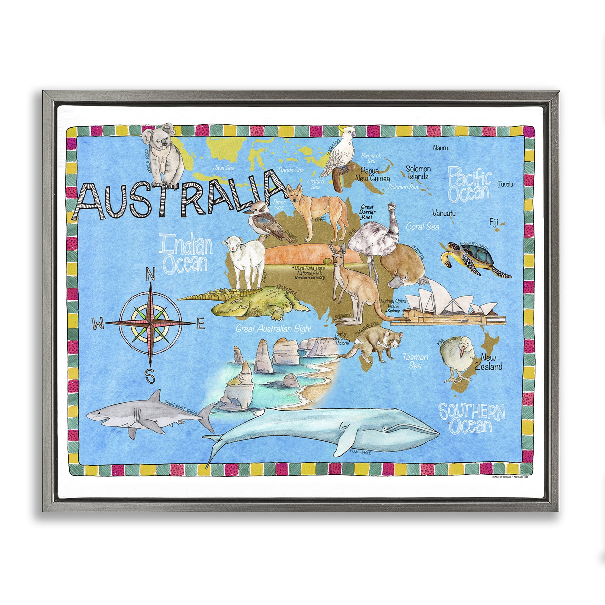 Stupell Industries Australia Animal Map Town & City Painting Gray Floater Framed Art Print Wall Art, 21 x 17
