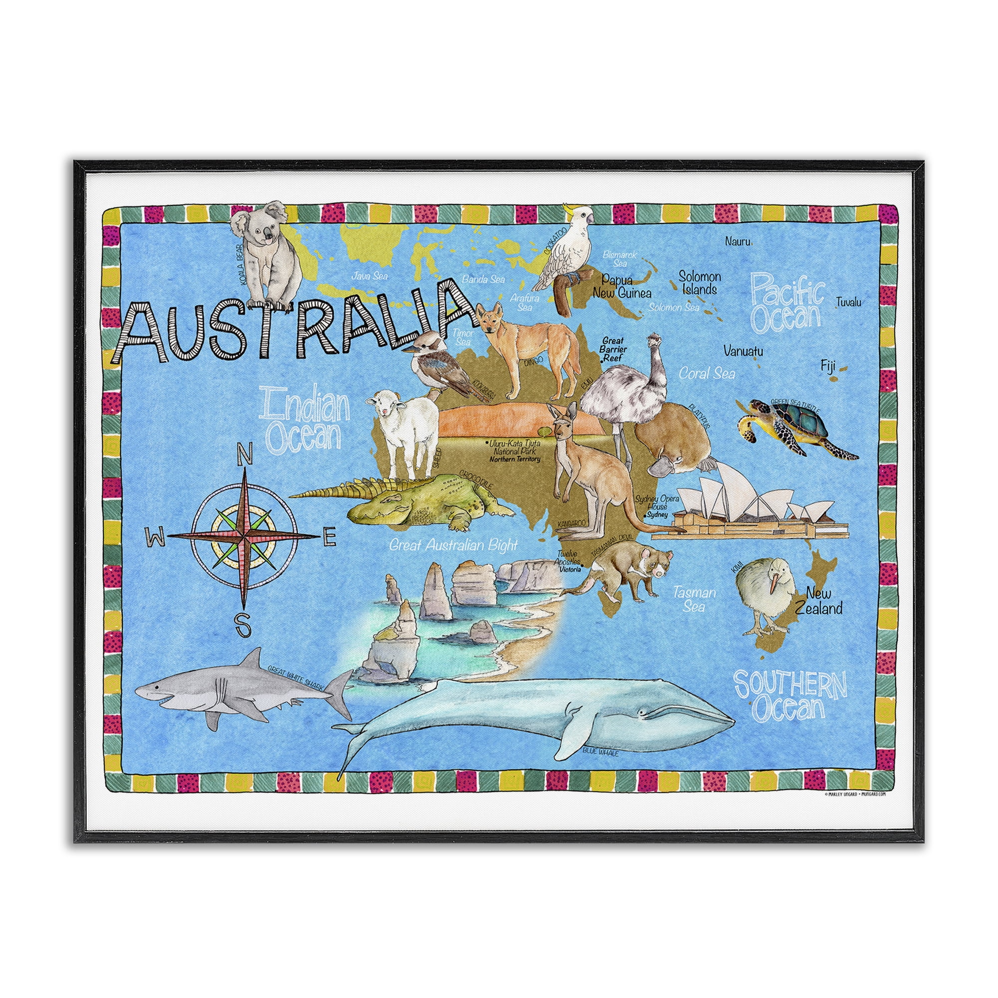 Stupell Industries Australia Animal Map Travel & Places Painting Black Framed Art Print Wall Art, 20 x 16
