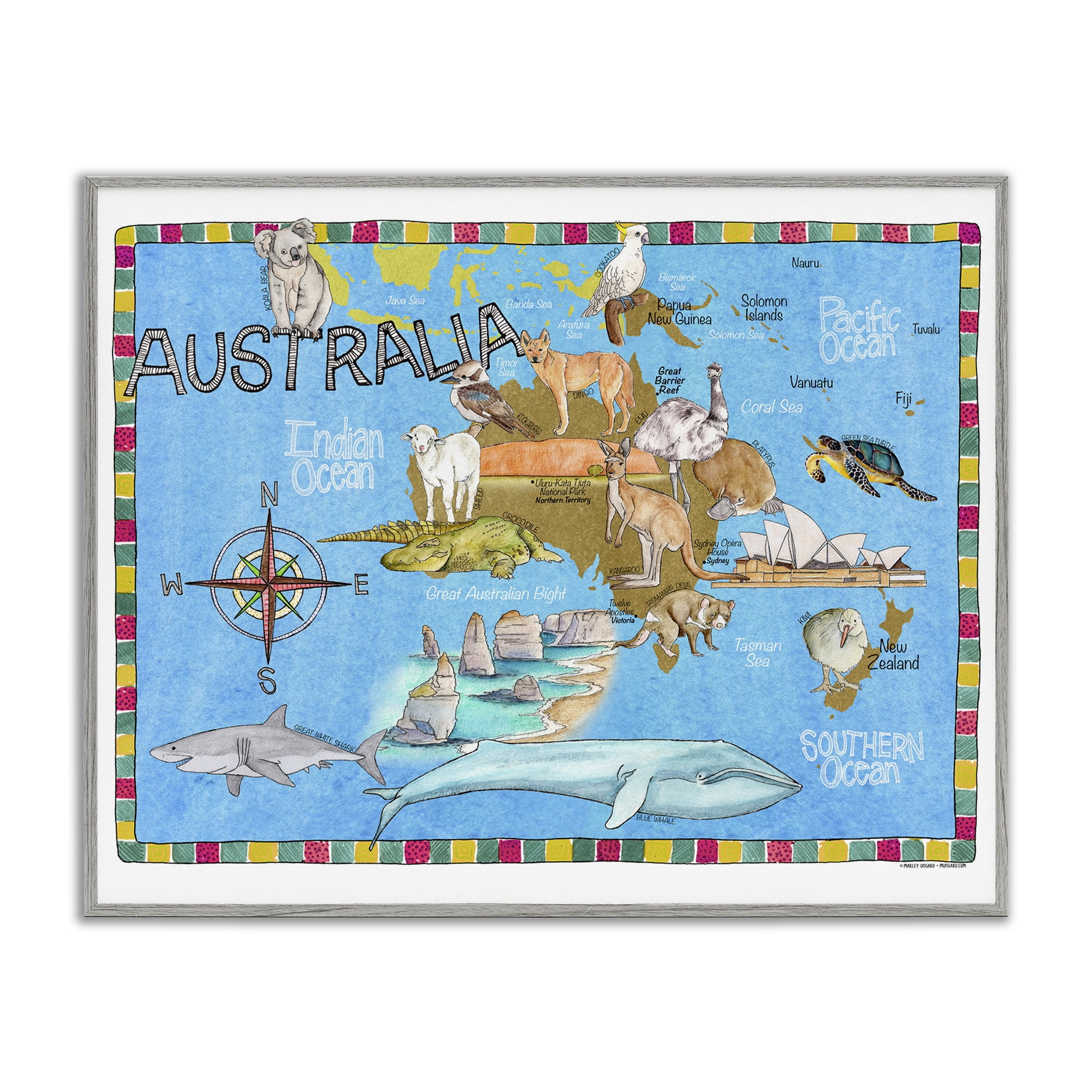 Stupell Industries Australia Animal Map Travel & Places Painting Gray Framed Art Print Wall Art, 20 x 16