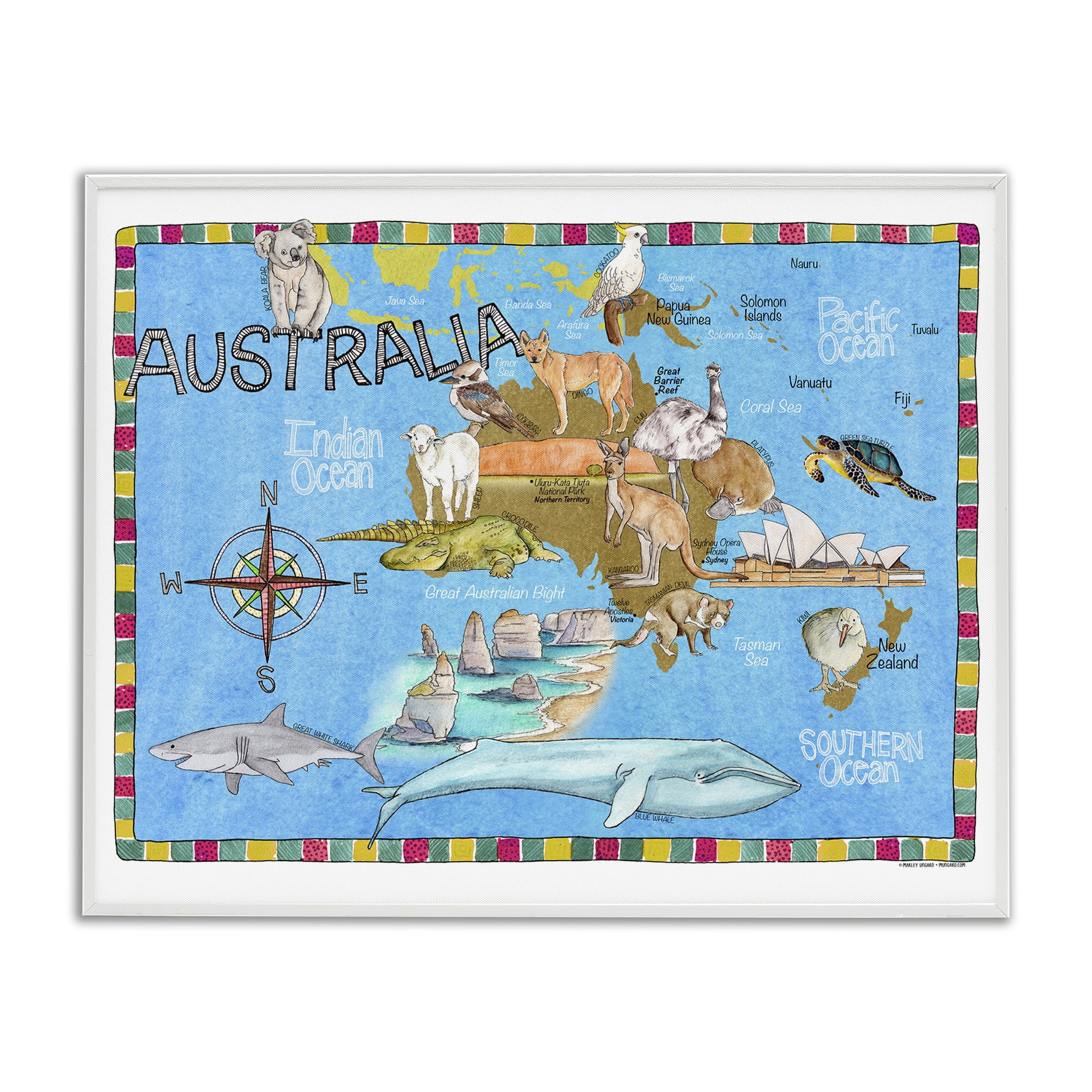 Stupell Industries Australia Animal Map Travel & Places Painting White Framed Art Print Wall Art, 20 x 16