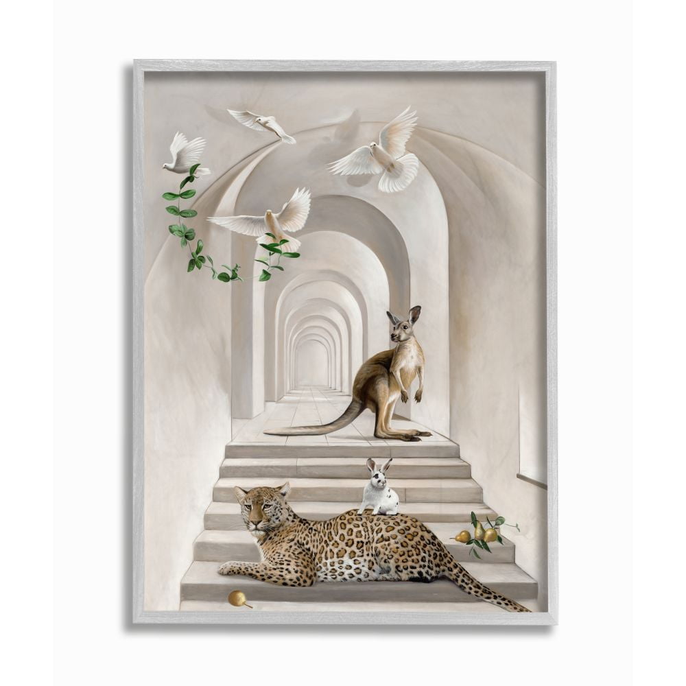 Stupell Industries Australian Animals in Organic Architecture Kangaroo Doves Framed Wall Art Design by Urban Road, 11" x 14", Gray Framed