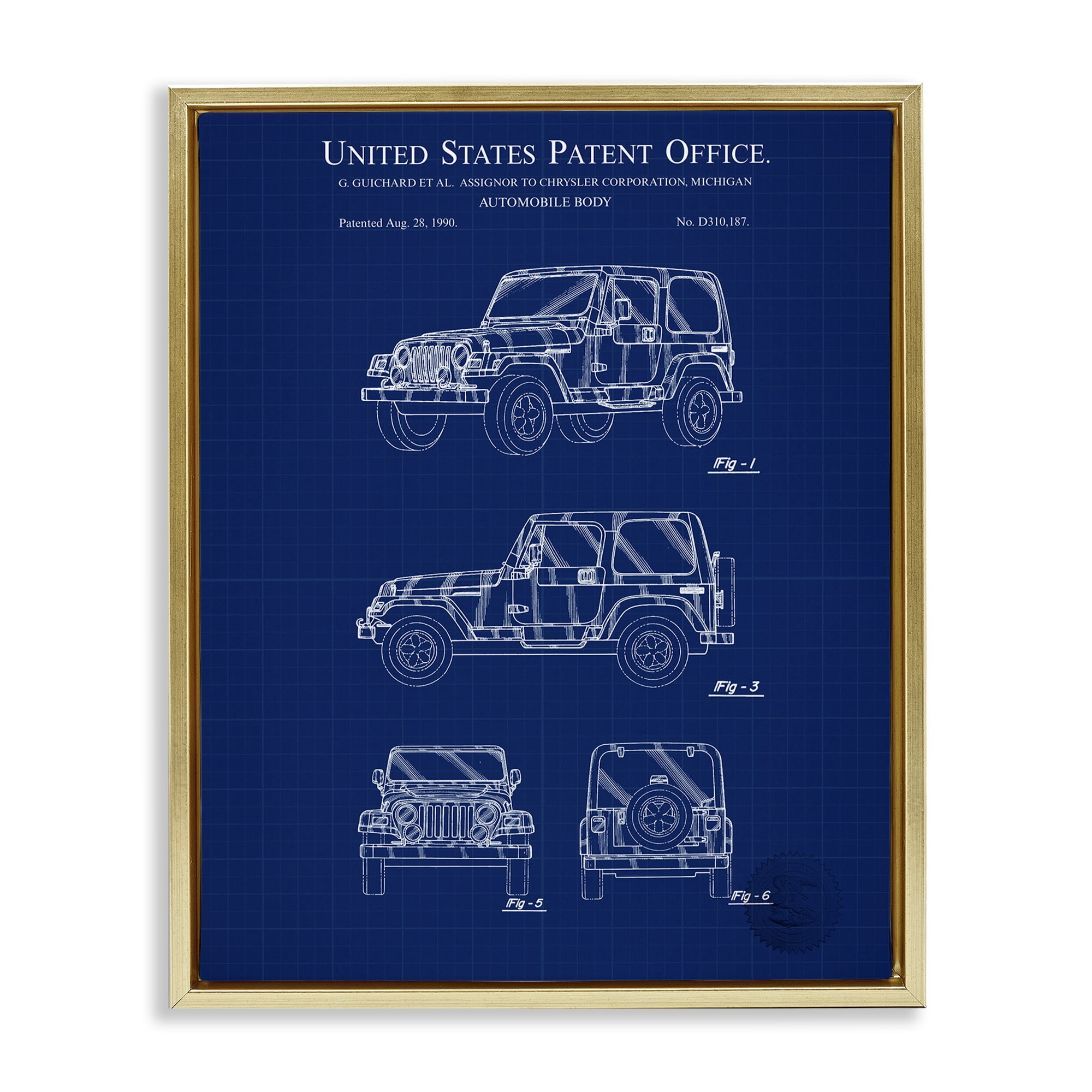 Stupell Industries Automobile Body Blueprint Transportation Painting Gold Floater Framed Art Print Wall Art, 17 x 21