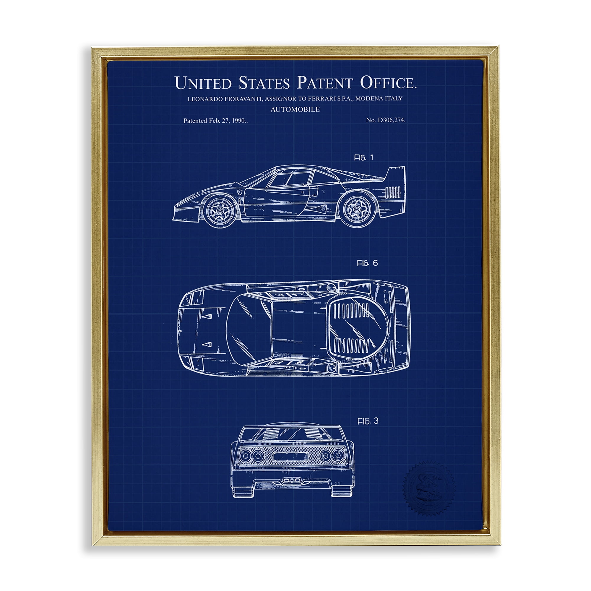 Stupell Industries Automobile Car Blueprint Transportation Painting Gold Floater Framed Art Print Wall Art, 25 x 31