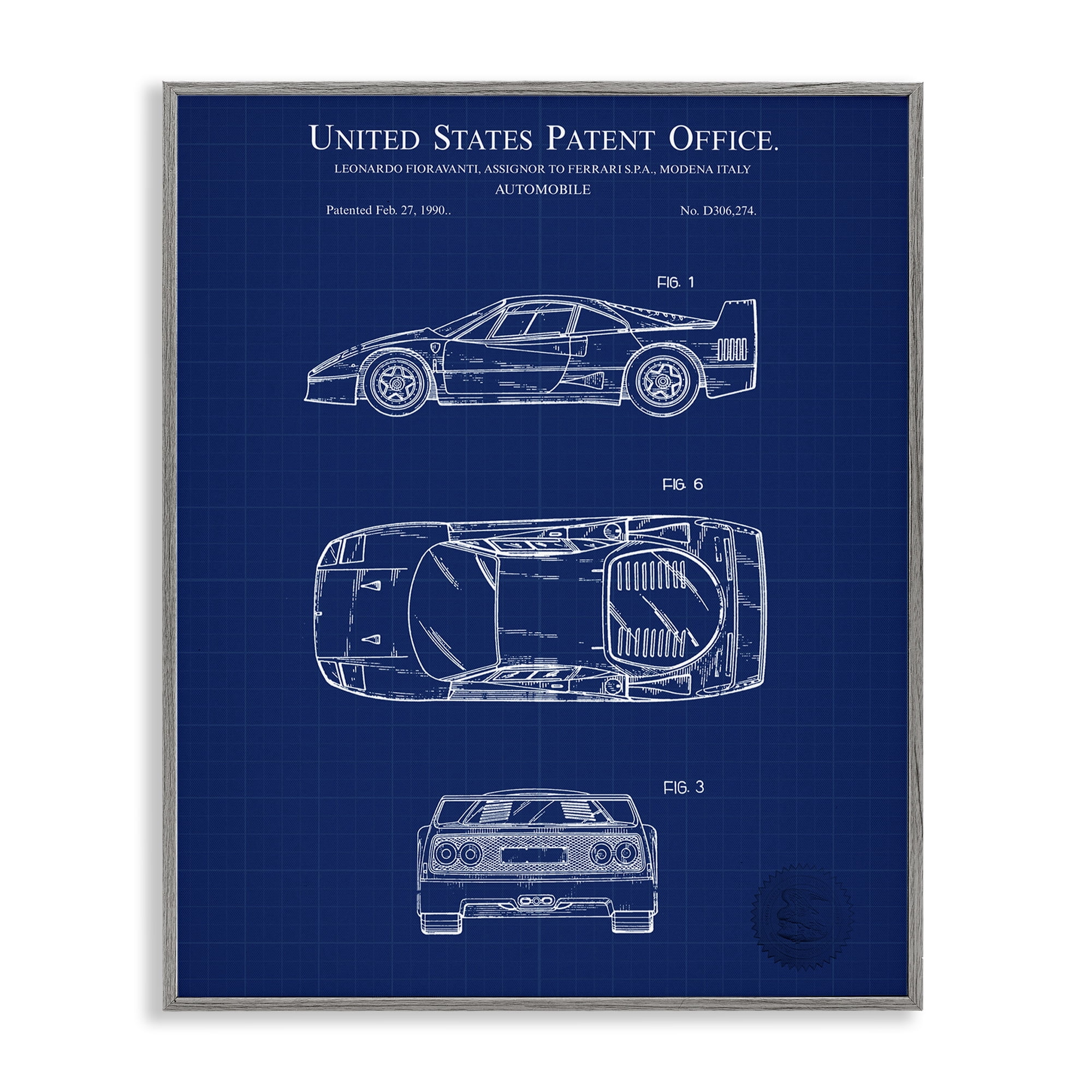 Stupell Industries Automobile Car Blueprint Transportation Painting Gray Framed Art Print Wall Art, 16 x 20