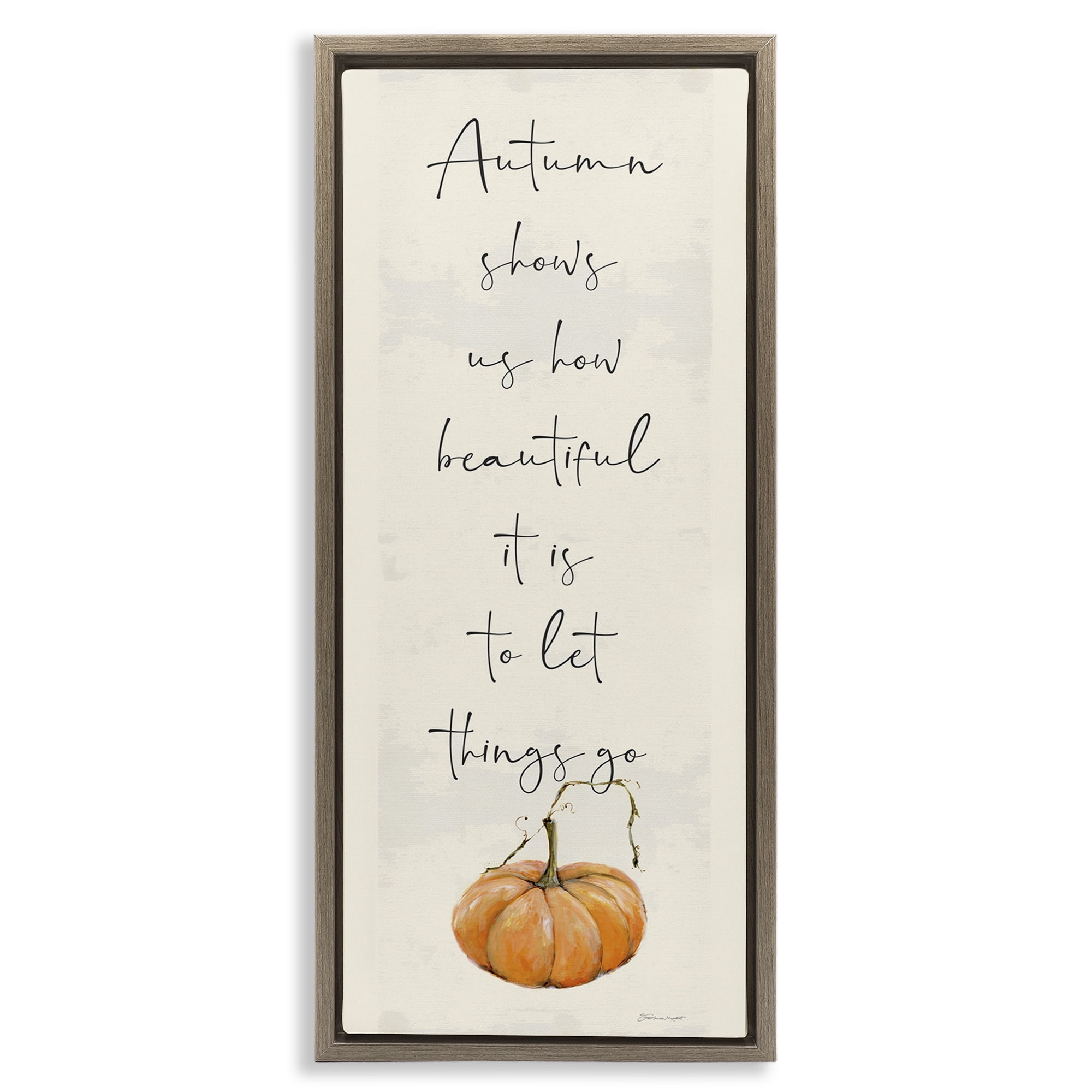 Stupell Industries Autumn Beauty Inspirational Phrase Holiday Painting Brown Floater Framed Canvas Art Print Wall Art, 11 x 25
