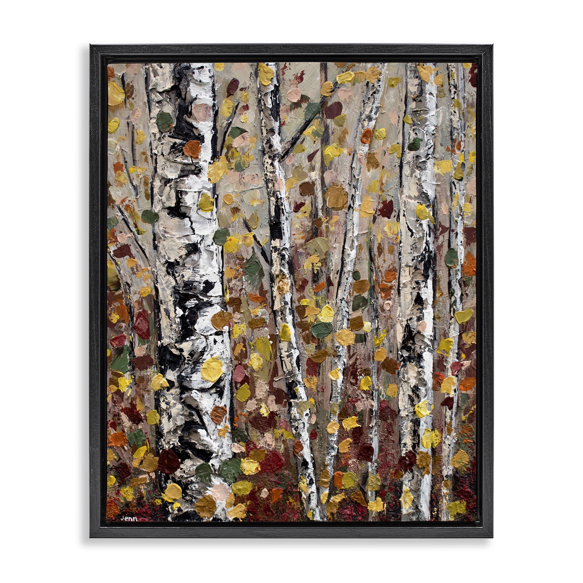 Stupell Industries Autumn Birch Trees Abstract Leaves Landscape Painting Black Floater Framed Art Print Wall Art