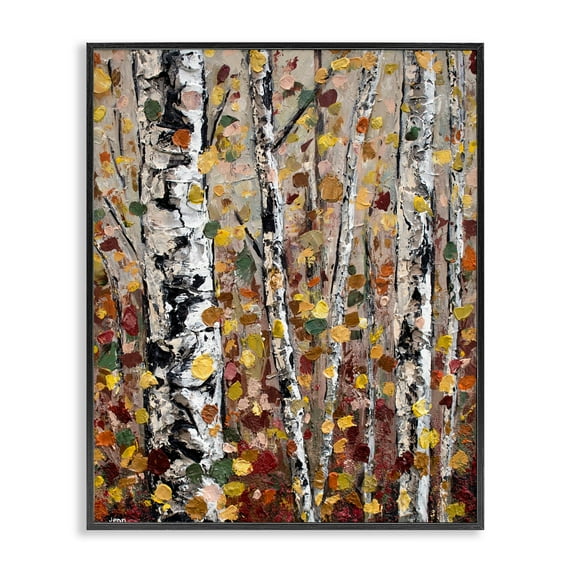 Autumn Birch Trees Abstract Leaves Black Framed Giclee Art, 24 x 30, Made In USA