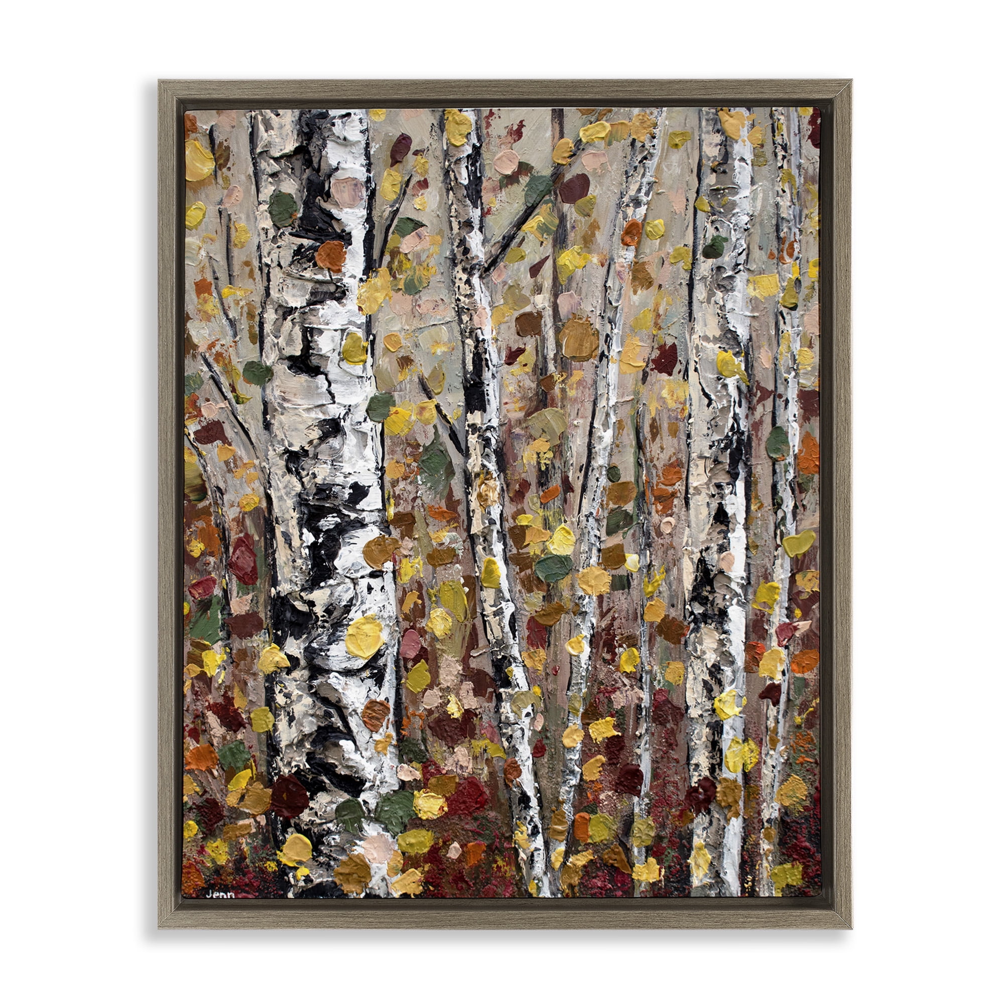 Stupell Industries Autumn Birch Trees Abstract Leaves Landscape Painting Brown Floater Framed Canvas Art Print Wall Art, 17 x 21