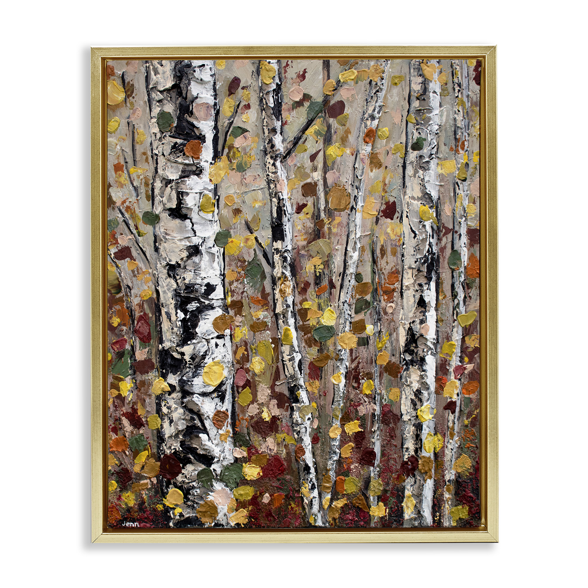 Stupell Industries Autumn Birch Trees Abstract Leaves Landscape Painting Gold Floater Framed Art Print Wall Art