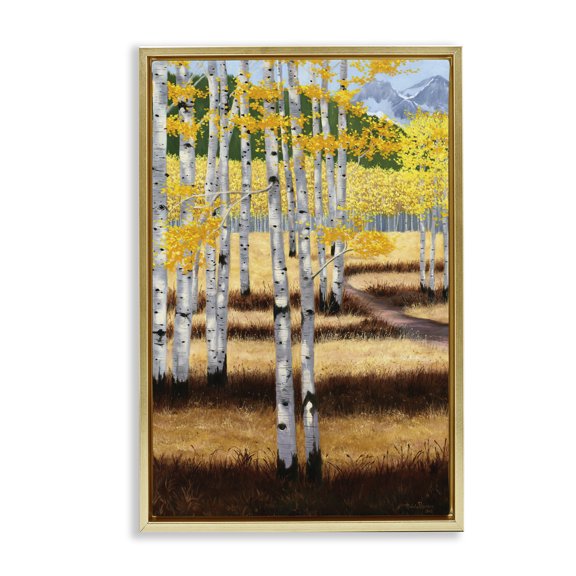 Stupell Industries Autumn Birch Trees Field Gold Framed Floater Canvas Wall Art design by Julie Peterson, 31 x 21