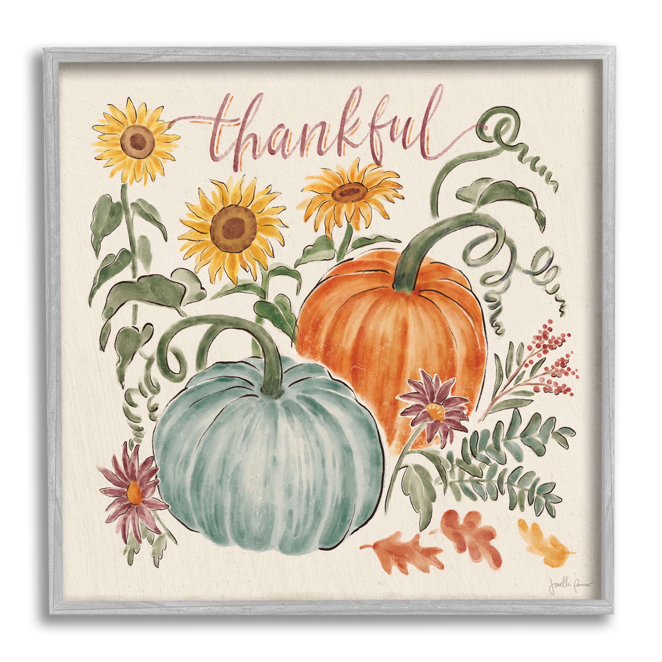 Stupell Industries Autumn Botanical Thankful Nature Graphic Art Gray Framed Art Print Wall Art, Design by Janelle Penner