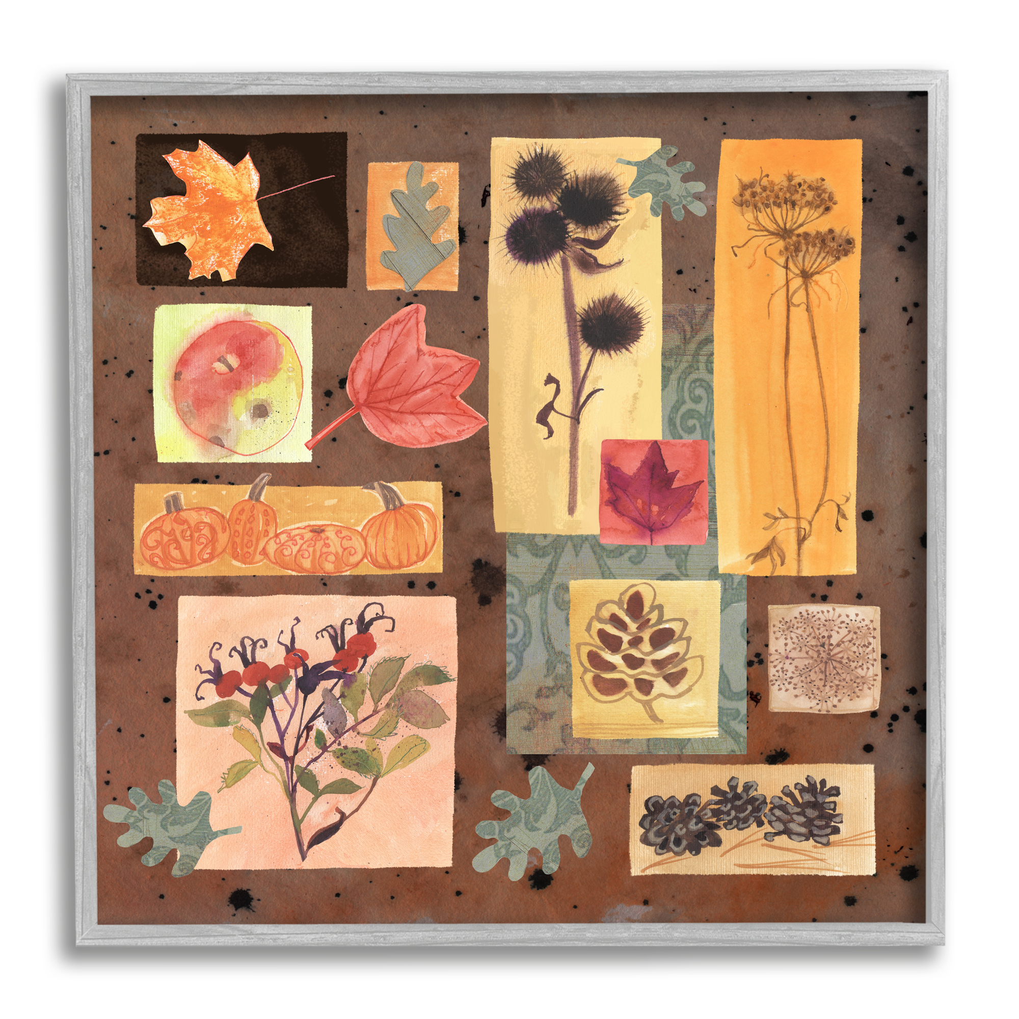 Stupell Industries Autumn Botanicals Pattern Holiday Painting Gray Framed Art Print Wall Art, 12 x 12