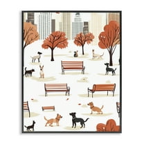 Stupell Industries Autumn City Park Dogs Animals Painting Black Framed Art Print Wall Art, 11 x 14