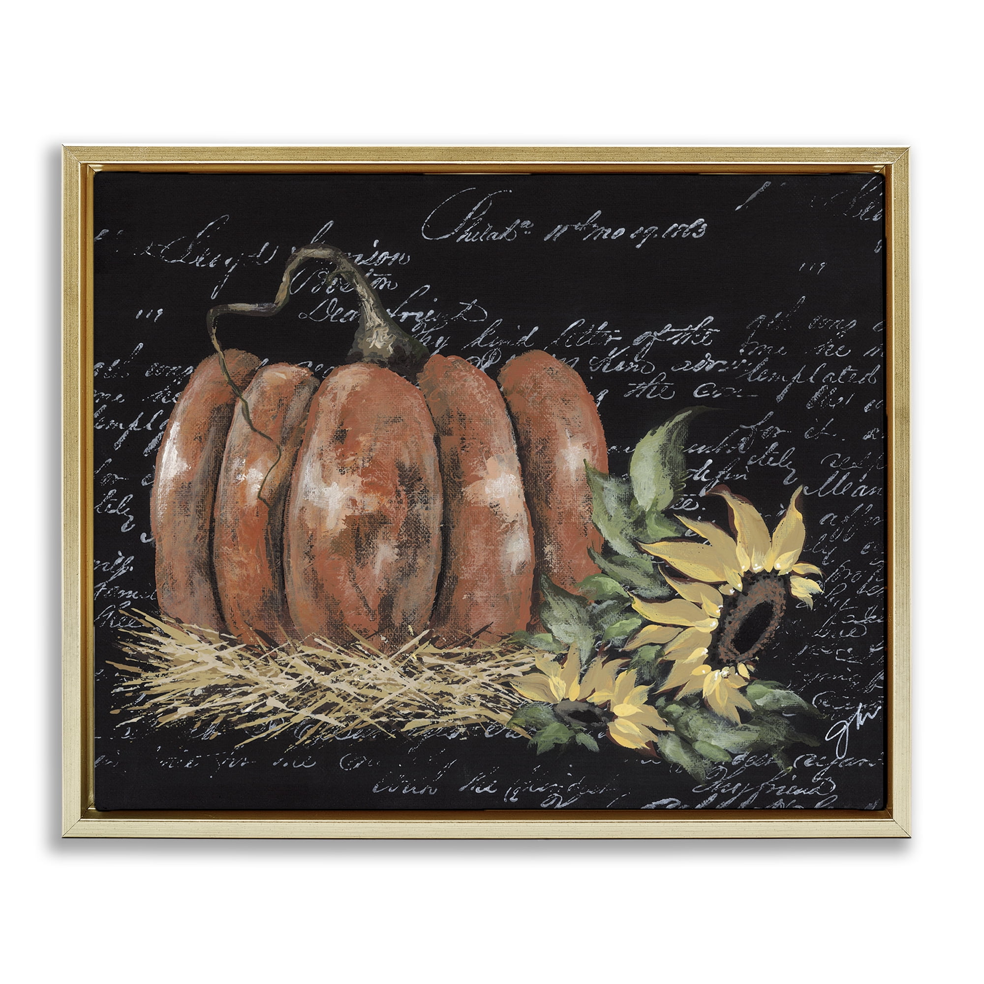 Stupell Industries Autumn Country Pumpkin Botanical & Floral Painting Gold Floater Framed Art Print Wall Art, 21 x 17