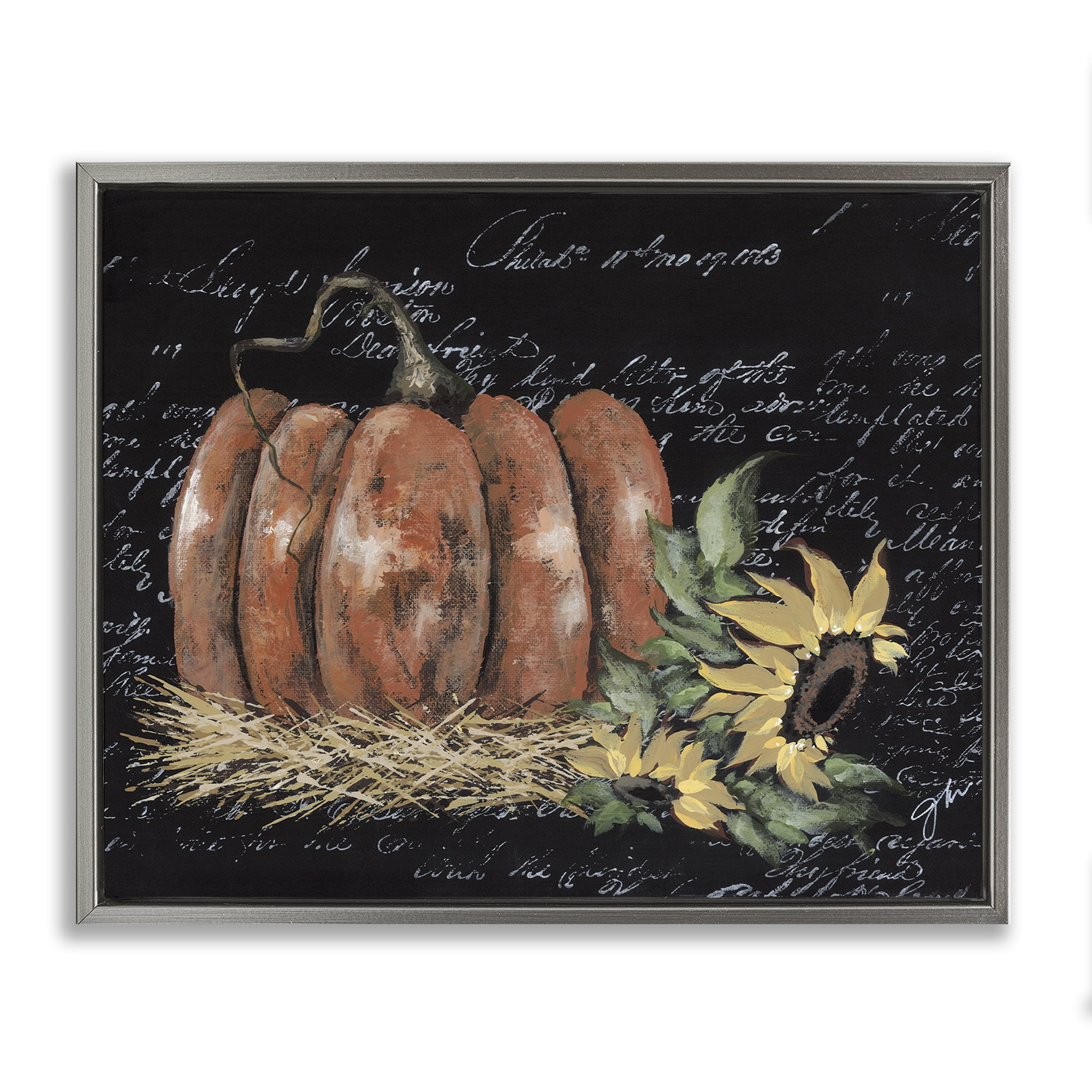 Stupell Industries Autumn Country Pumpkin Botanical & Floral Painting Gray Floater Framed Art Print Wall Art, 21 x 17