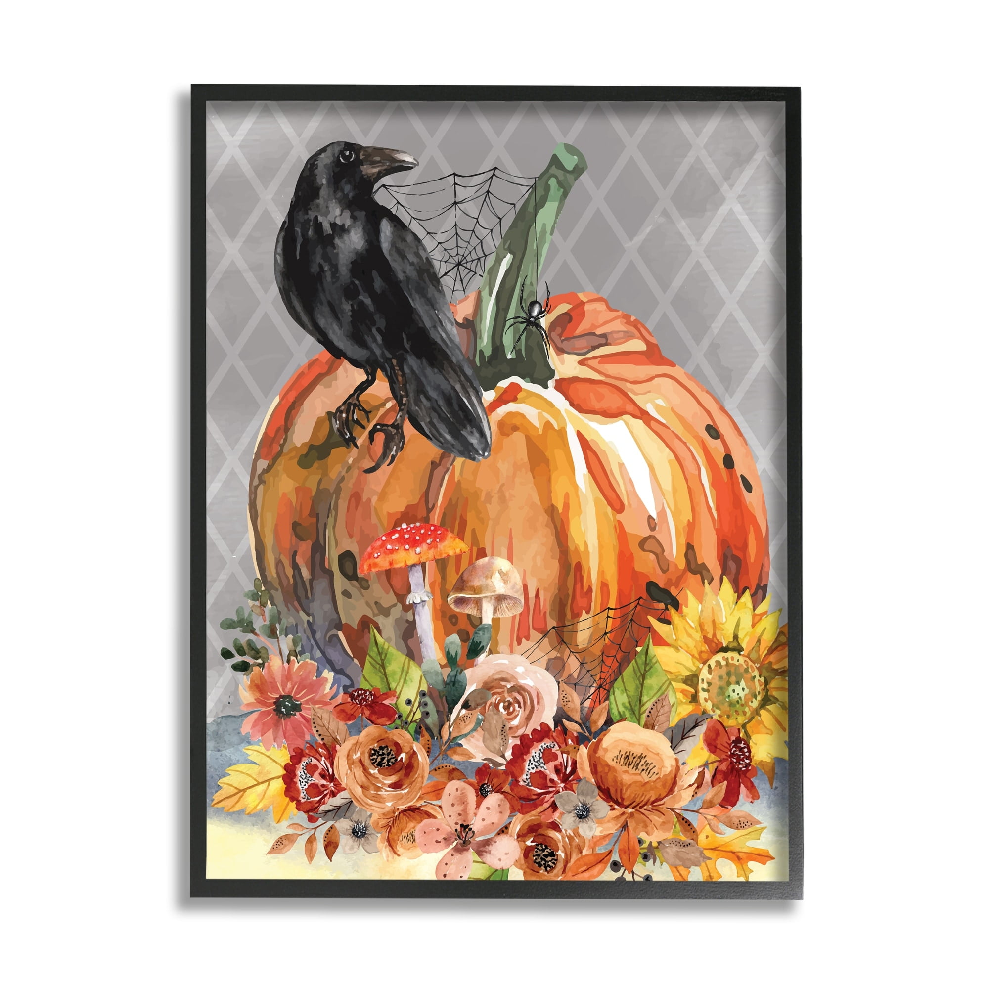 Stupell Industries Autumn Crow Pumpkin Botanicals Holiday Painting Black Framed Art Print Wall Art