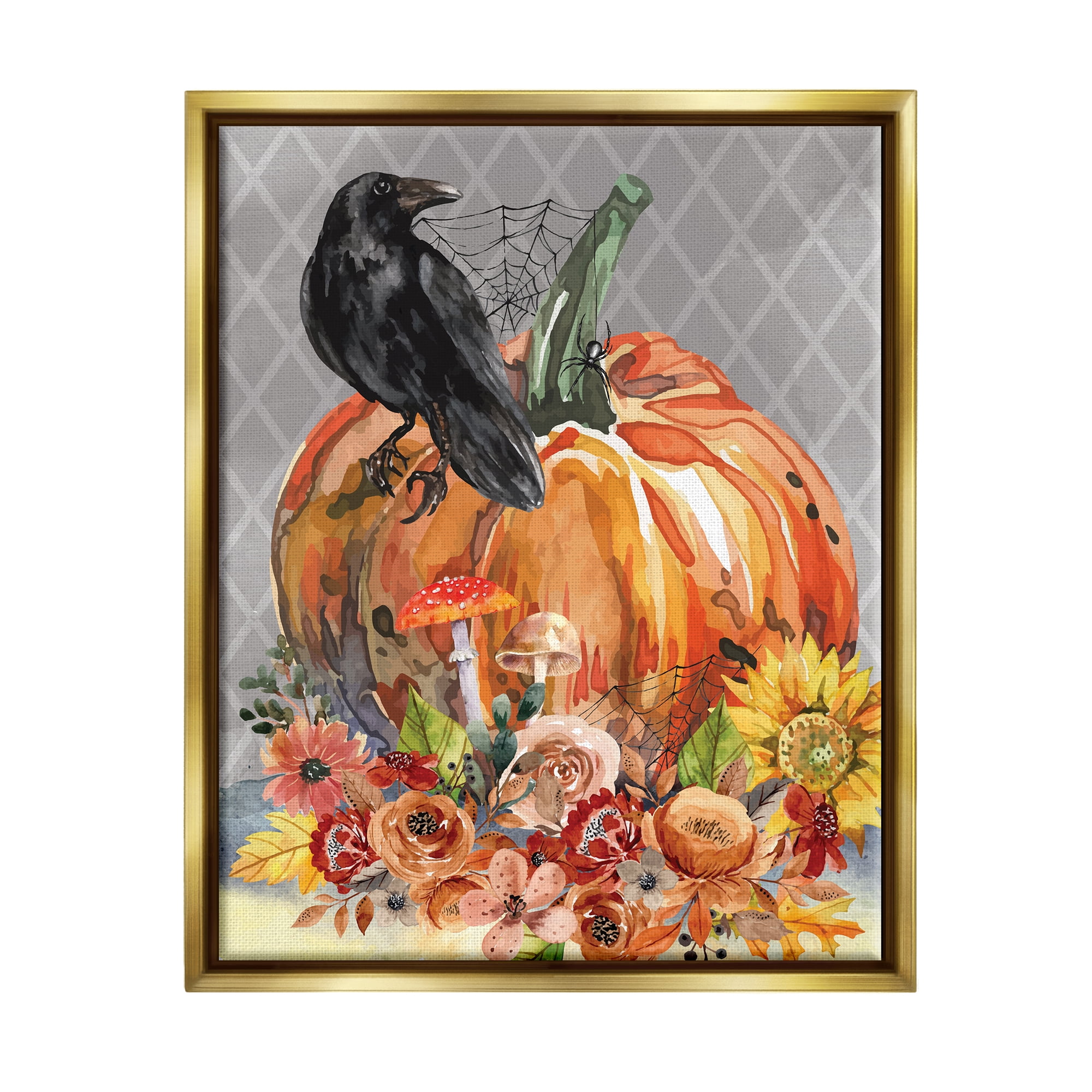 Stupell Industries Autumn Crow Pumpkin Botanicals Holiday Painting Gold Floater Framed Art Print Wall Art