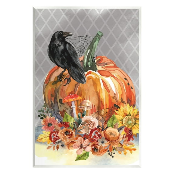 Stupell Industries Autumn Crow Pumpkin Botanicals Holiday Painting Unframed Art Print Wall Art