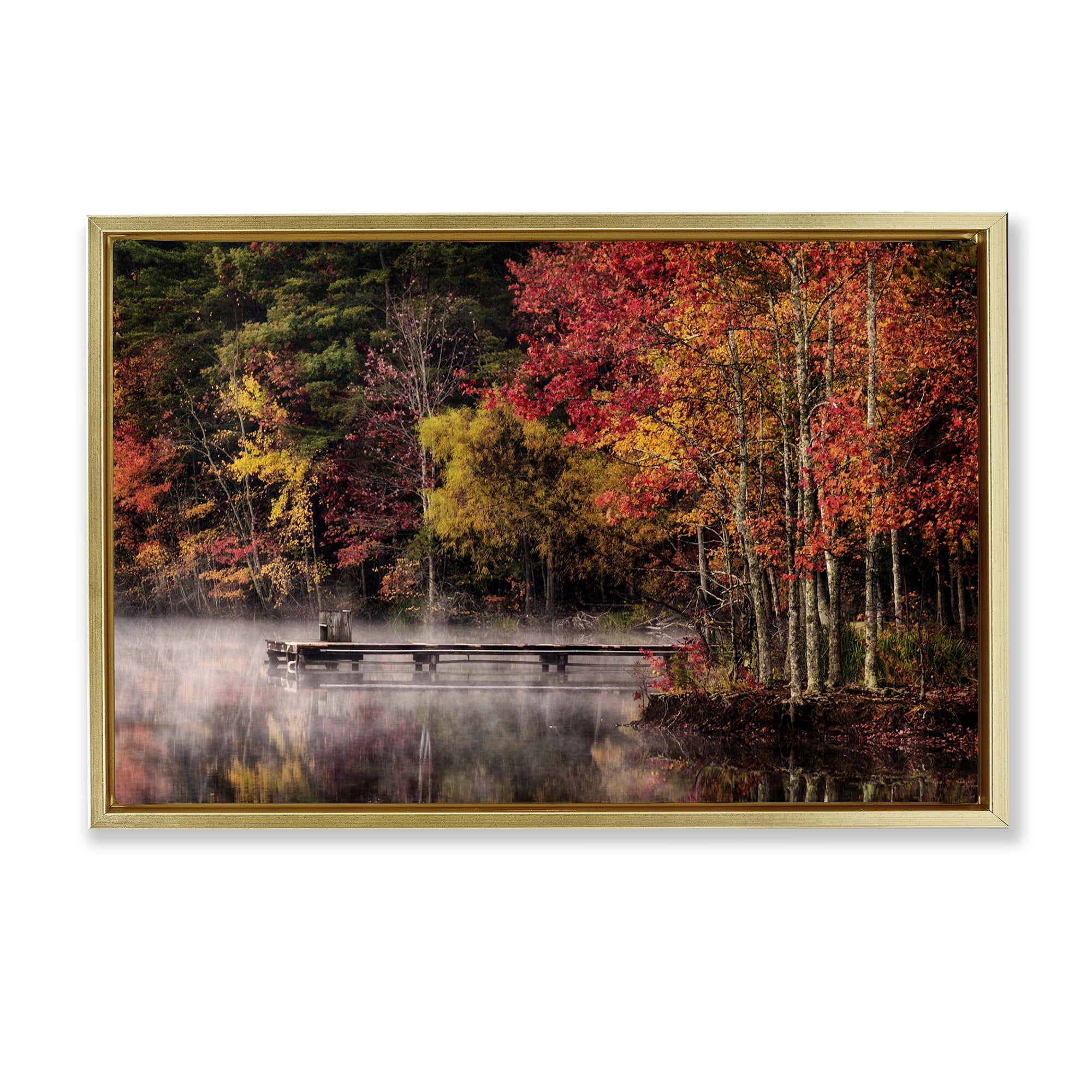 Stupell Industries Autumn Dock Landscape Landscape & Nature Photography Gold Floater Framed Canvas Art Print Wall Art, 31 x 21