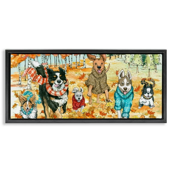 Stupell Industries Autumn Dog Park Animals Running Animals & Insects Painting Black Floater Framed Canvas Art Print Wall Art, 31 x 14