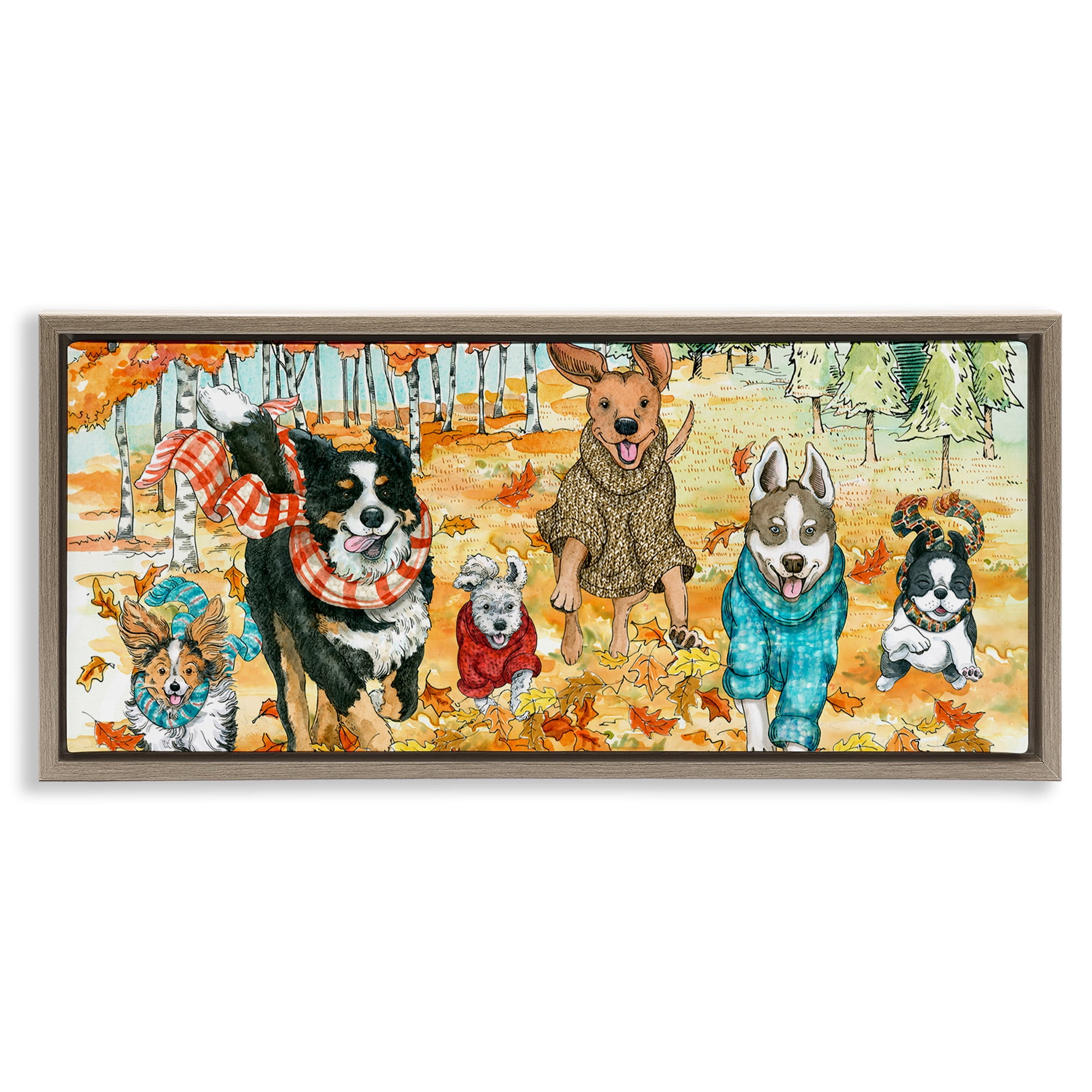 Stupell Industries Autumn Dog Park Animals Running Animals & Insects Painting Brown Floater Framed Canvas Art Print Wall Art, 25 x 11