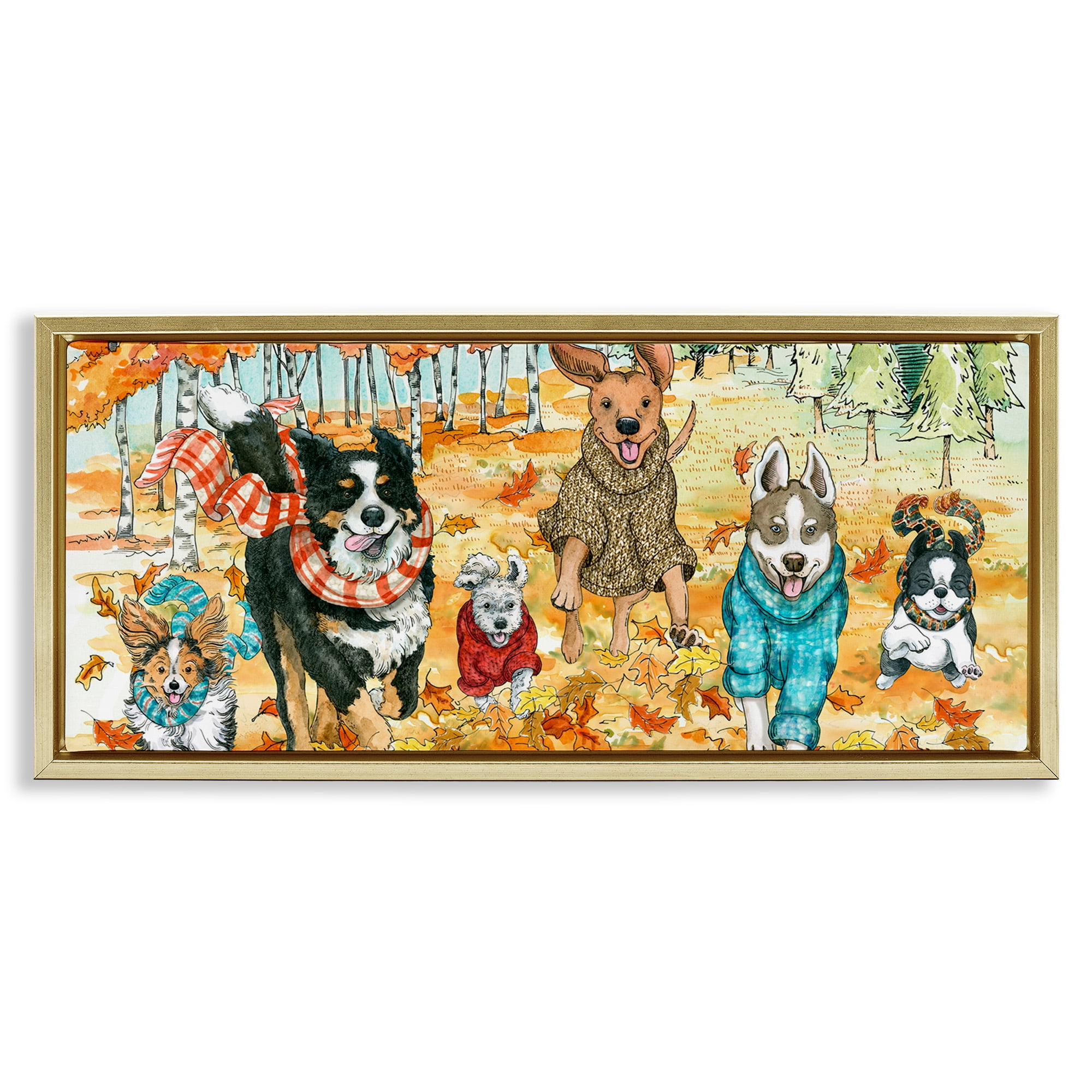 Stupell Industries Autumn Dog Park Animals Running Animals & Insects Painting Gold Floater Framed Canvas Art Print Wall Art, 25 x 11