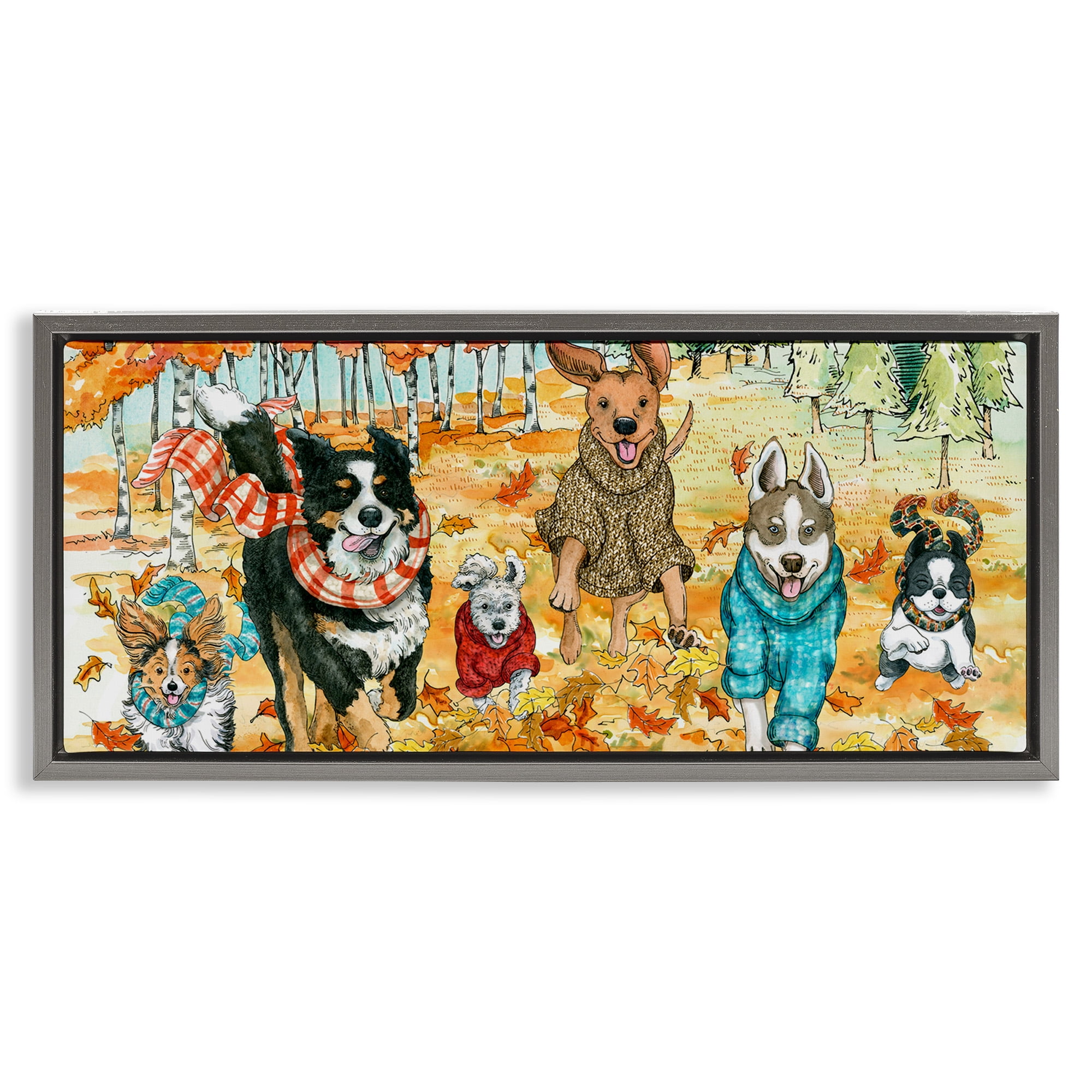 Stupell Industries Autumn Dog Park Animals Running Animals & Insects Painting Gray Floater Framed Canvas Art Print Wall Art, 31 x 14