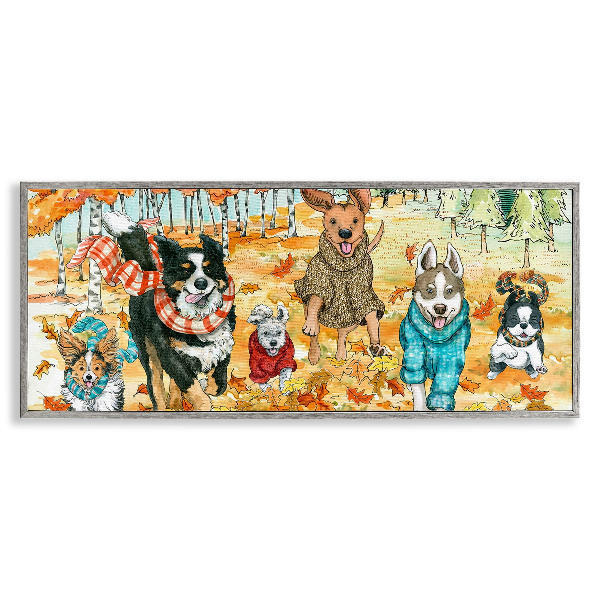Stupell Industries Autumn Dog Park Animals Running Animals & Insects Painting Gray Framed Art Print Wall Art, 24 x 10