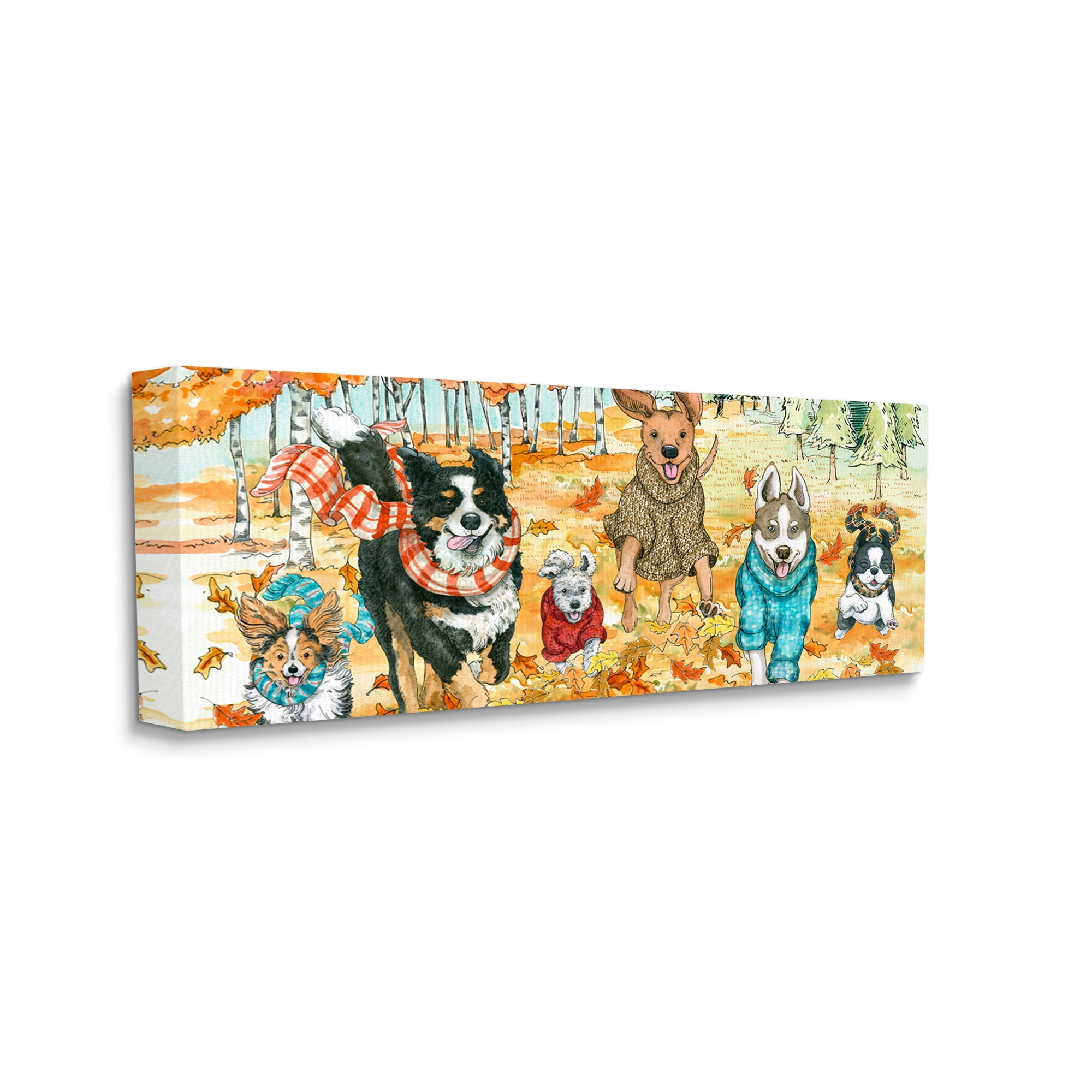Stupell Industries Autumn Dog Park Animals Running Fall Leaves Animals & Insects Painting Gallery Wrapped Canvas Art Print Wall Art, 13 x 30