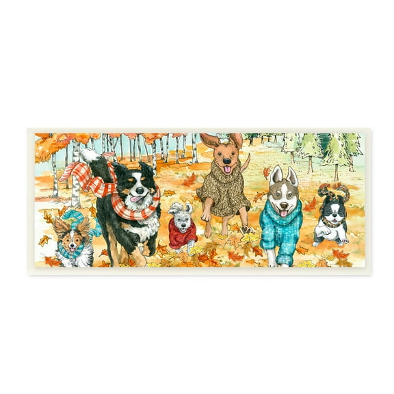 Stupell Industries Autumn Dog Park Animals Running Fall Leaves Animals & Insects Painting Wall Plaque Art Print Wall Art, 7 x 17
