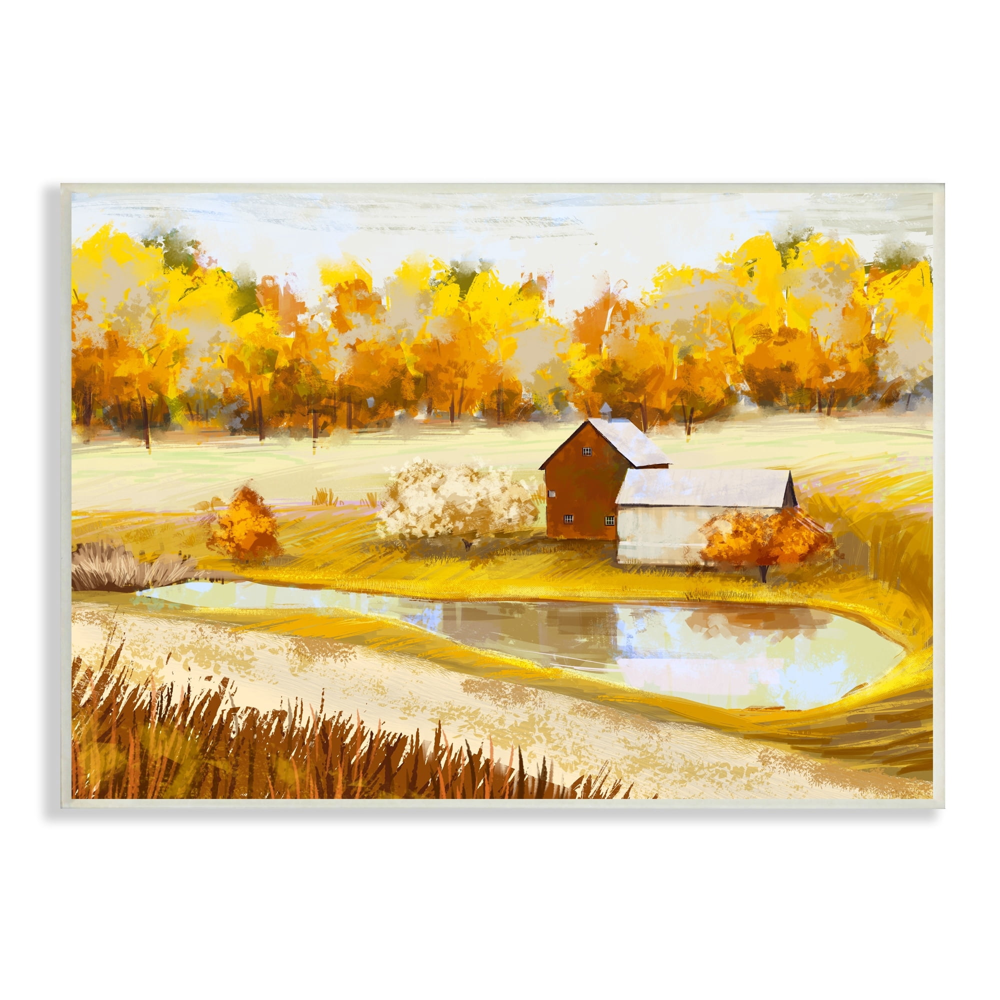 Stupell Industries Autumn Farm Pond Landscape Fall Foliage Countryside, 19 x 13,Design by Ziwei Li
