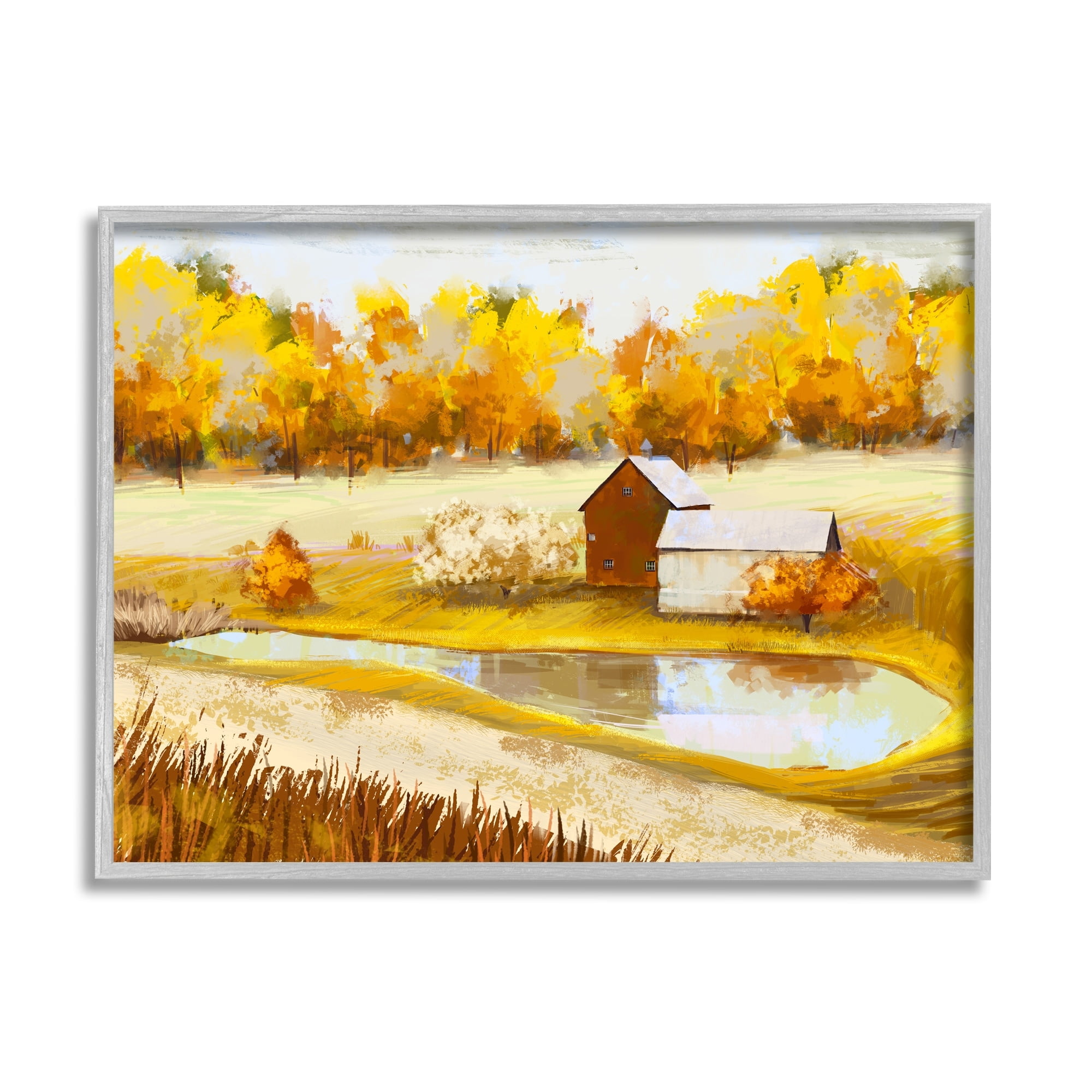 Stupell Industries Autumn Farm Pond Landscape Fall Foliage Countryside, 20 x 16,Design by Ziwei Li