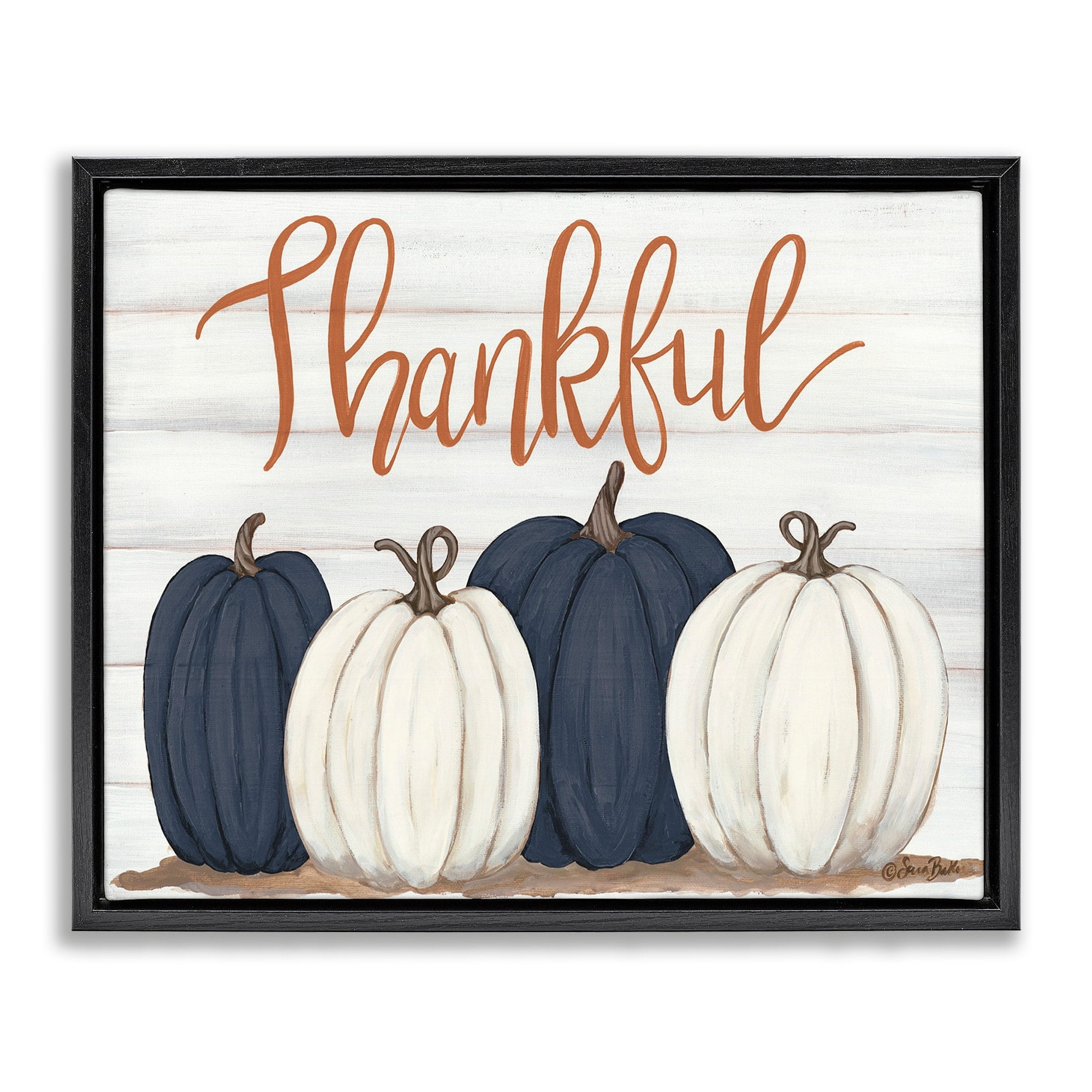 Stupell Industries Autumn Farm Pumpkin Harvest with Thankful Phrase Jet Black Framed Floating Canvas Wall Art, 16x20, by Sarah Baker