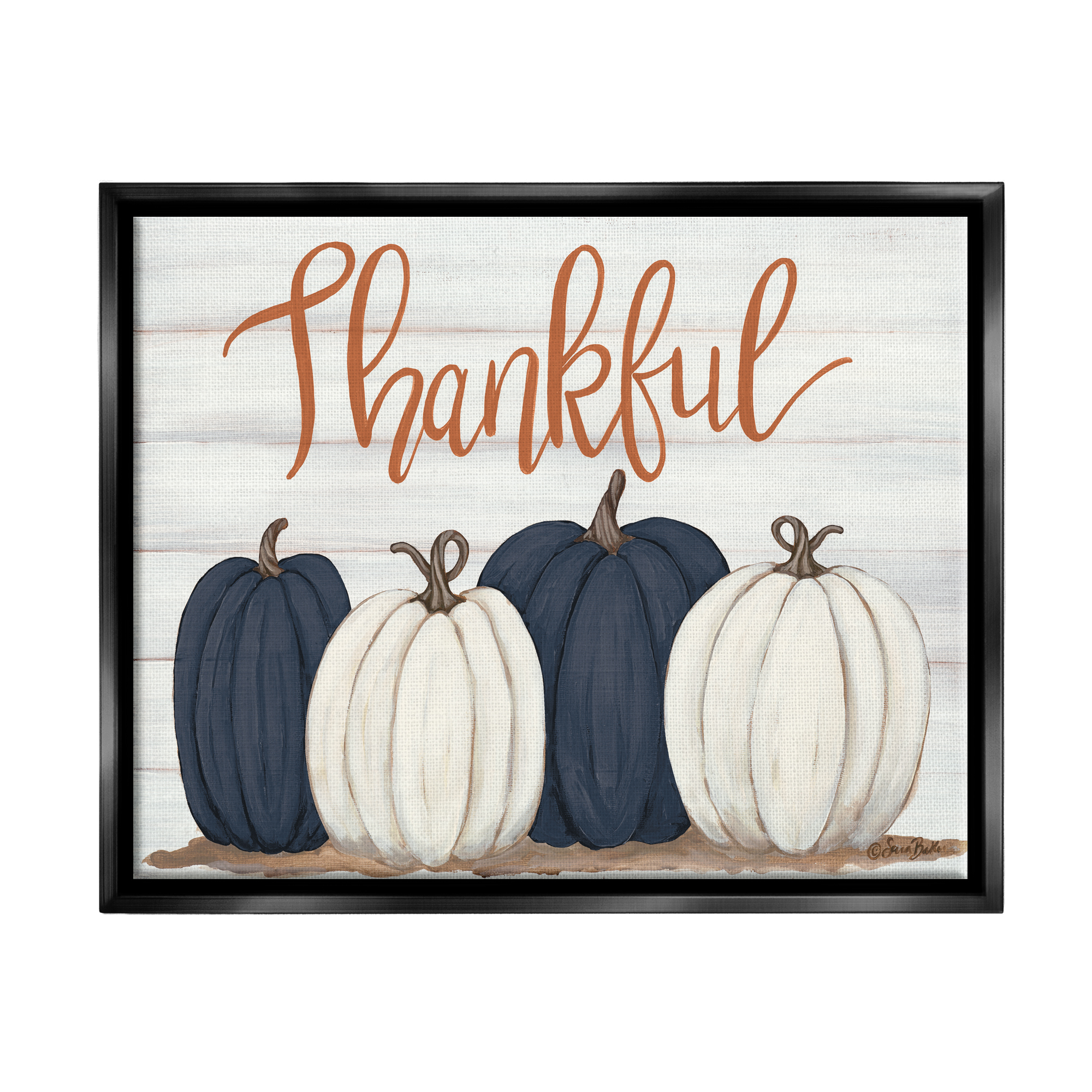 Stupell Industries Autumn Farm Pumpkin Harvest with Thankful Phrase Jet Black Framed Floating Canvas Wall Art, 24x30, by Sarah Baker