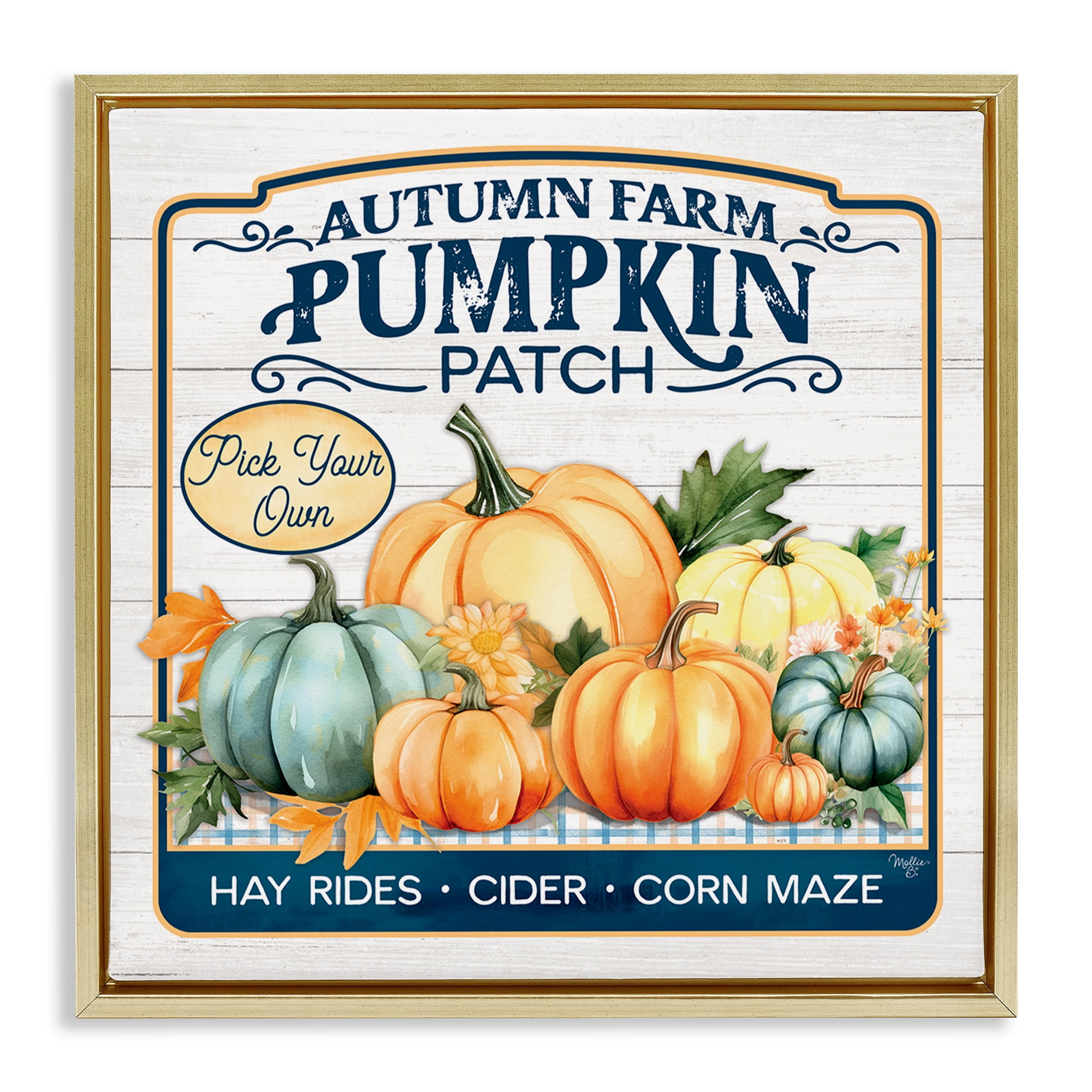 Stupell Industries Autumn Farm Pumpkin Patch Text & Numbers Painting Gold Floater Framed Canvas Art Print Wall Art, 25 x 25