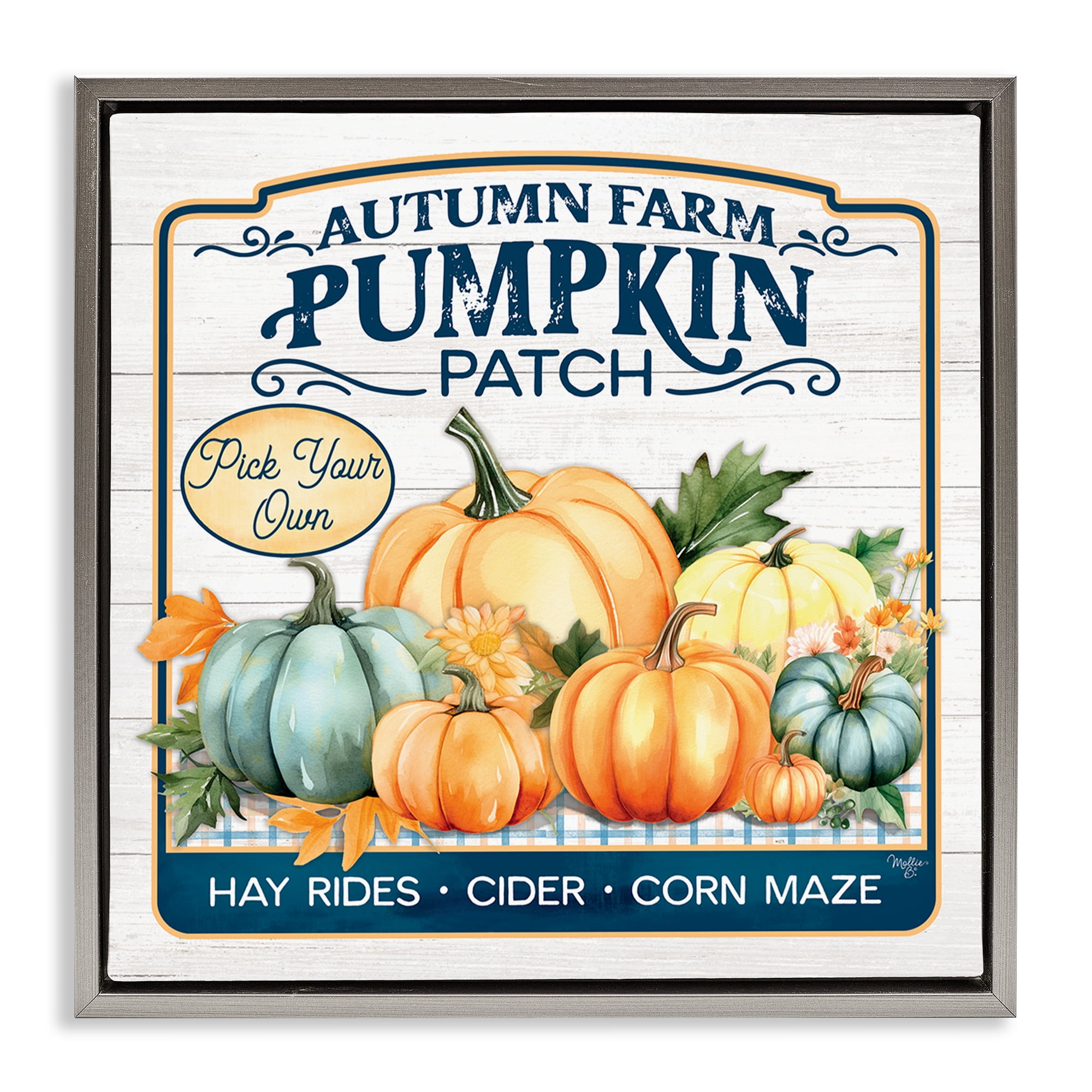 Stupell Industries Autumn Farm Pumpkin Patch Text & Numbers Painting Gray Floater Framed Canvas Art Print Wall Art, 25 x 25