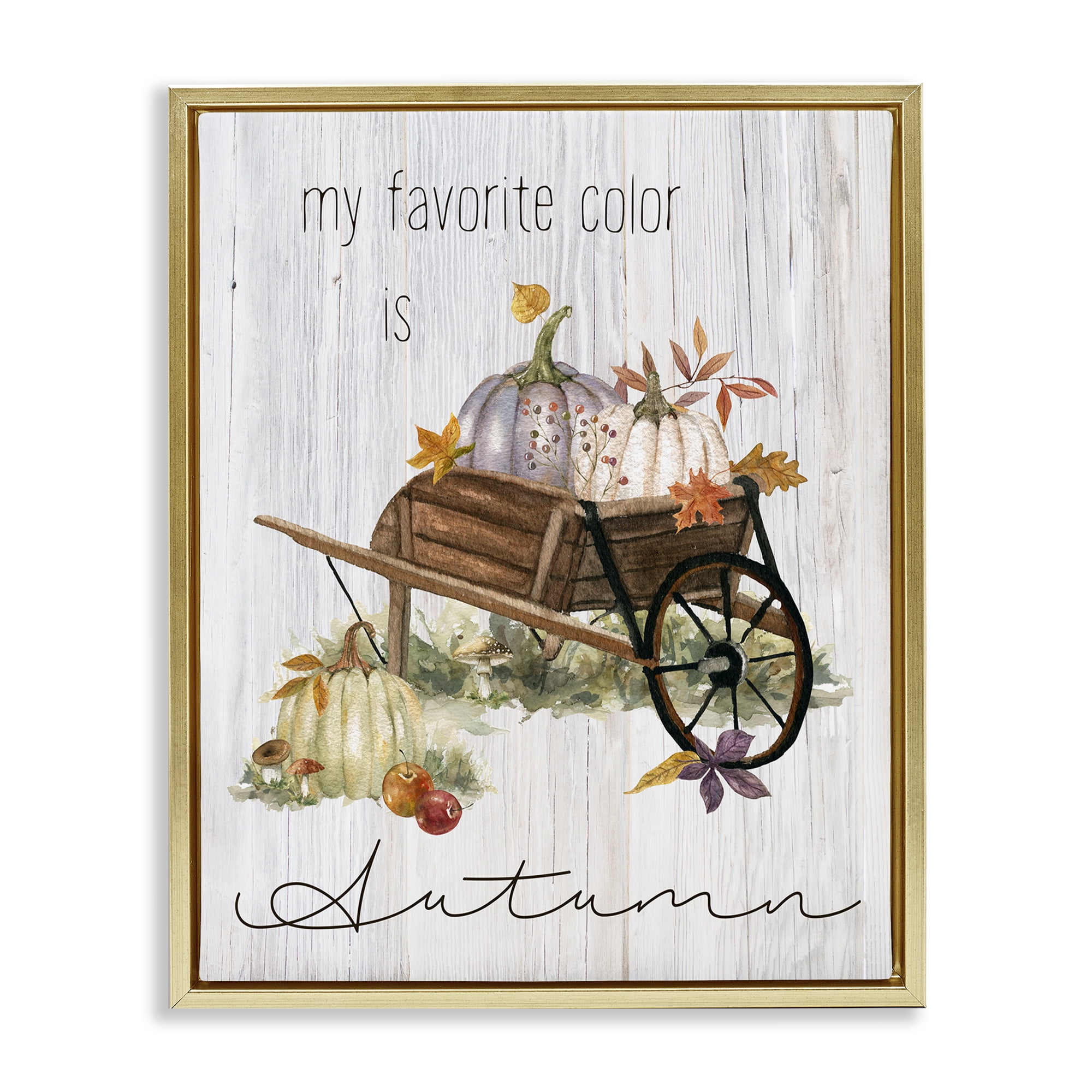 Stupell Industries Autumn Favorites Wagon Holiday Painting Gold Floater Framed Canvas Art Prints Wall Art, 17 x 21
